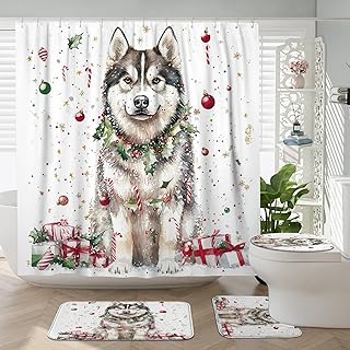 4PCS Christmas Alaskan Malamutes Dog Shower Curtain Sets with Non-Slip Rug, U Shape and Toilet Lid Cover Mat, Funny Xmas Balls Home Decoration, Bathroom Accessory with 12 Hooks