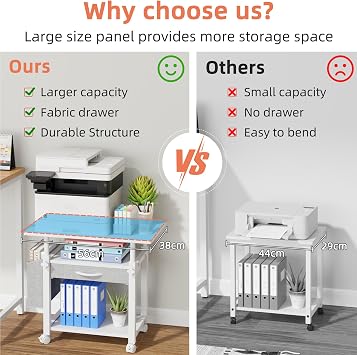 3 Tier Printer Stand on Wheels, Height Adjustable Mobile Table White