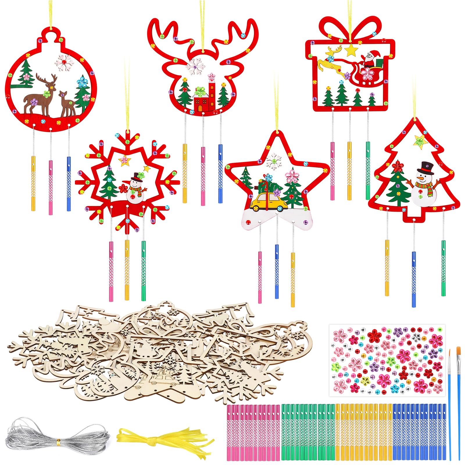 SRIZIAN 12 Pack Christmas Wind Chime Kit for Kids, Wooden Snow Flowers Wind chime Set,Xmas Star Wind Chimes for Garden Indoor Outdoor Festival Decoration