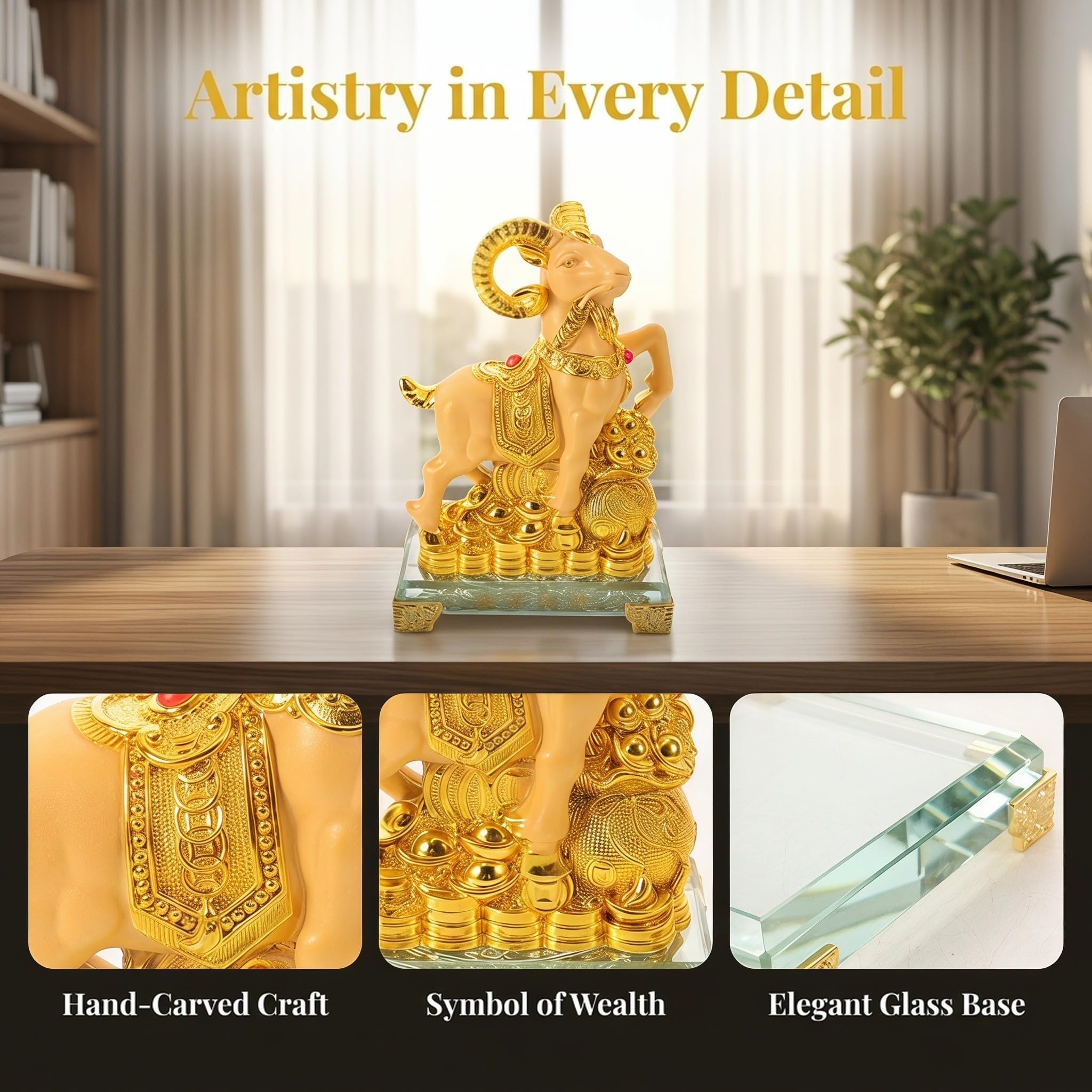 Cabilock Zodiak Widder Statue Glas Kunstharz Goldene Tischdeko