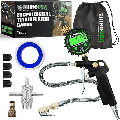 Rhino USA Digital Tire Pressure Gauge with Inflator (250 PSI) Professional Air Chuck & Air Compressor Attachments - High Pressure Tire Gauge with 0.1 Display Resolution - Best Car Accessories (1-Pack)