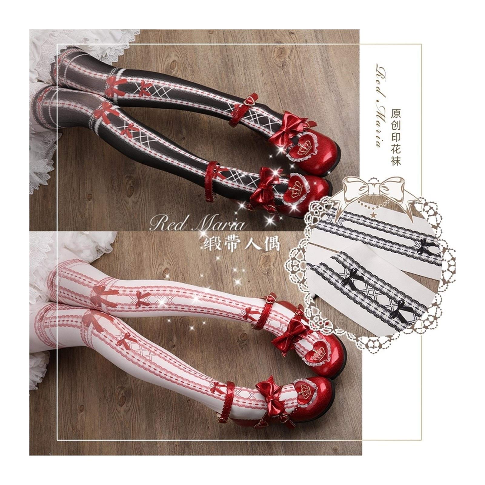 Ribbon Socken Lolita Socken Lo Socken Spitze Strumpfhosen Warm (Color : Black Red, Size : One Size)