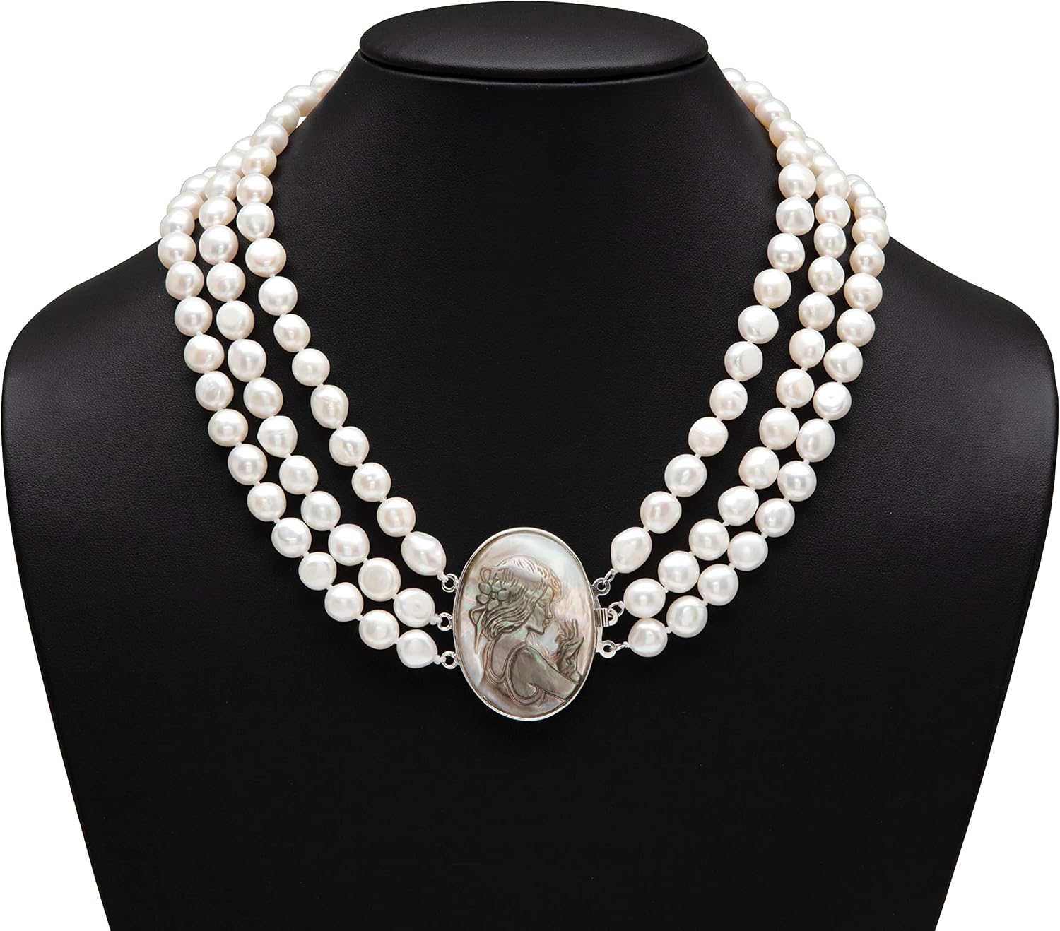PalmBeach Silvertone Cameo Genuine Peacock Mother of Pearl and Cultured Freshwater Pearl, Multi Strand Necklace, 18 inches