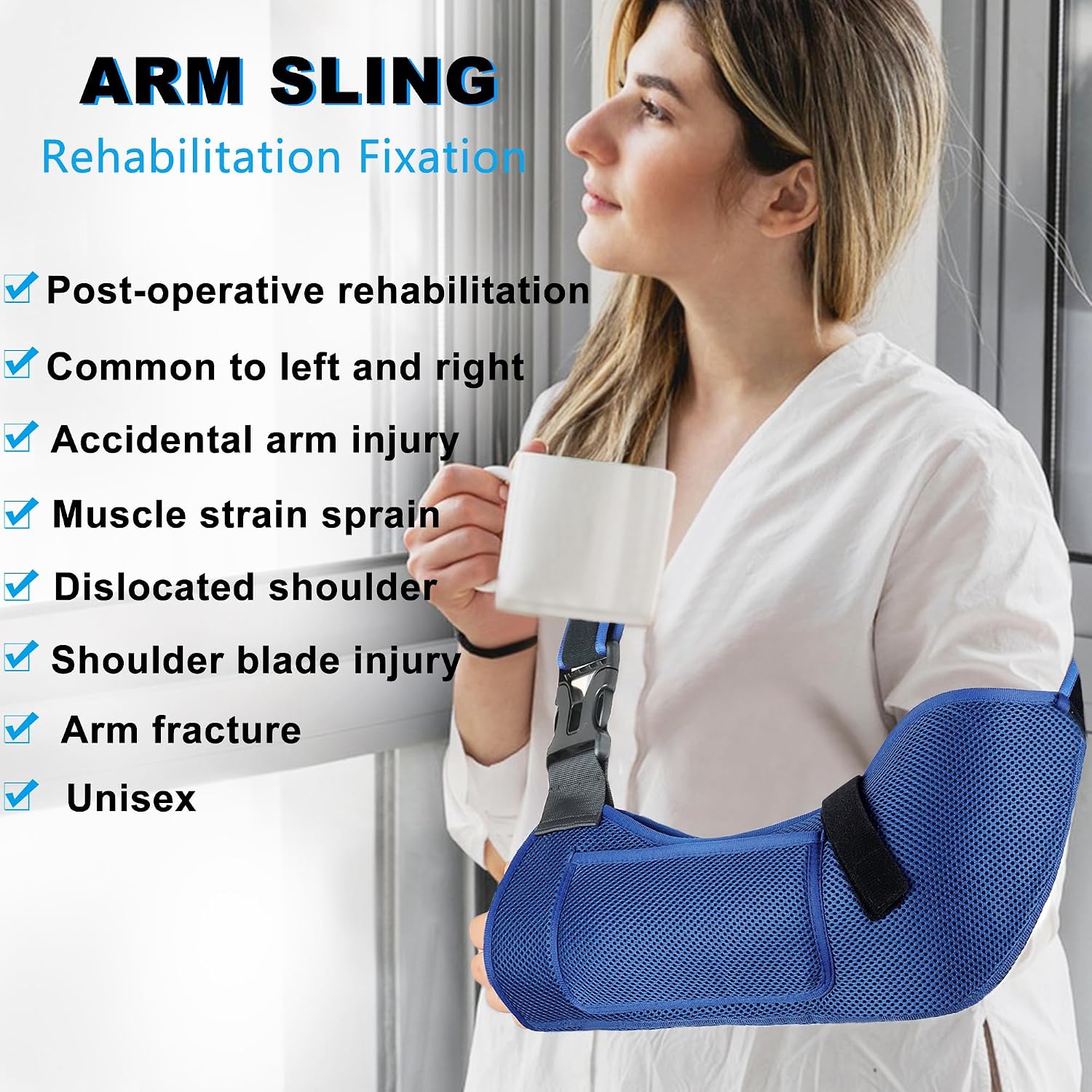 KONSEDIK Breathable Arm Sling,Padded Shoulder Support Brace with Anti-Slip Thumb Loop,Unisex Immobilizer for Rotator Cuff Injury,Elbow Clavicle Fracture Left Right Arm Post-Surgery Recovery(Blue, Medium)