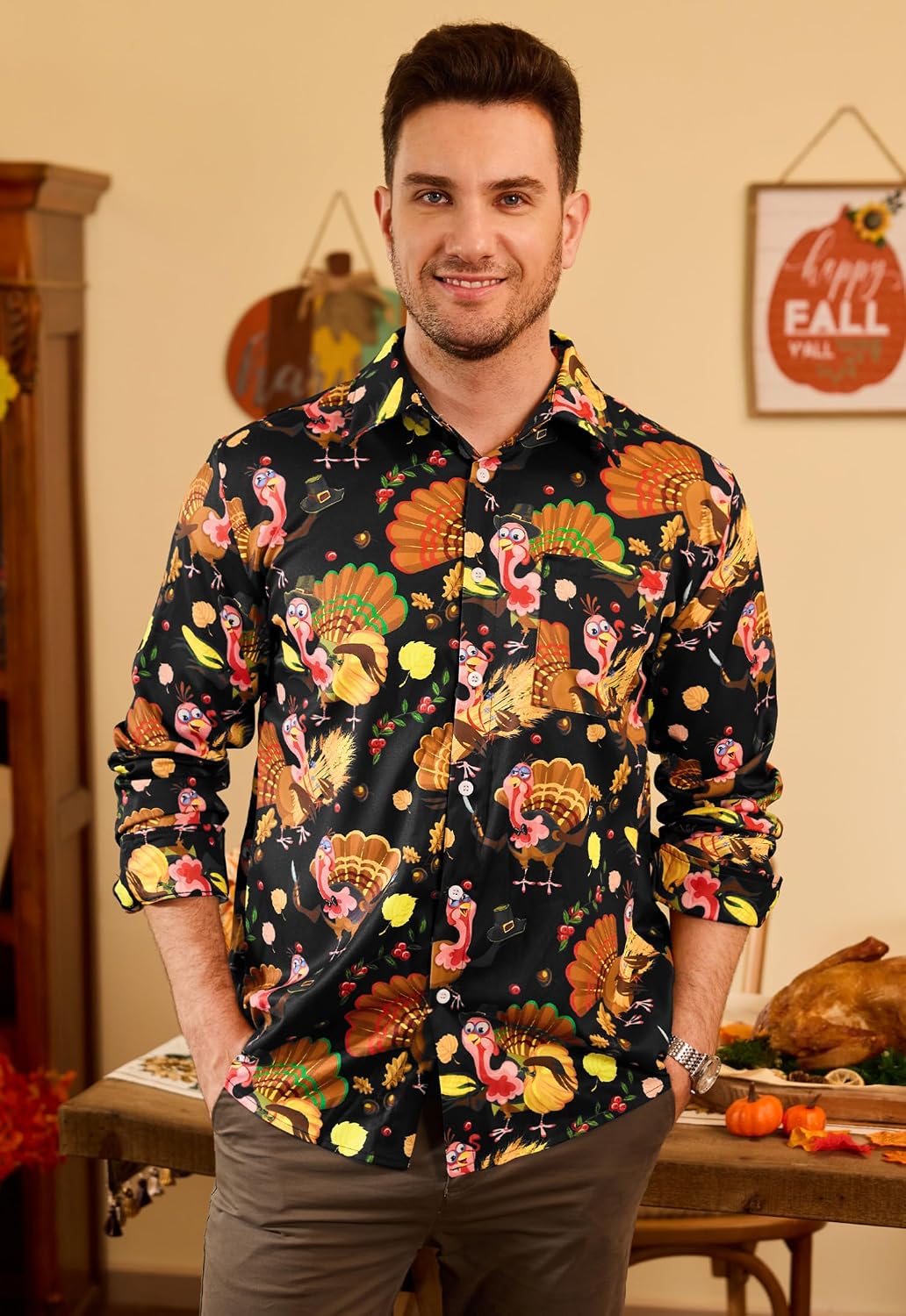 Arvilhill Men's Thanksgiving Long Sleeve Shirt Turkey Pattern Button Down Shirts Family Gathering Fall Festival Wear (S-3XL)