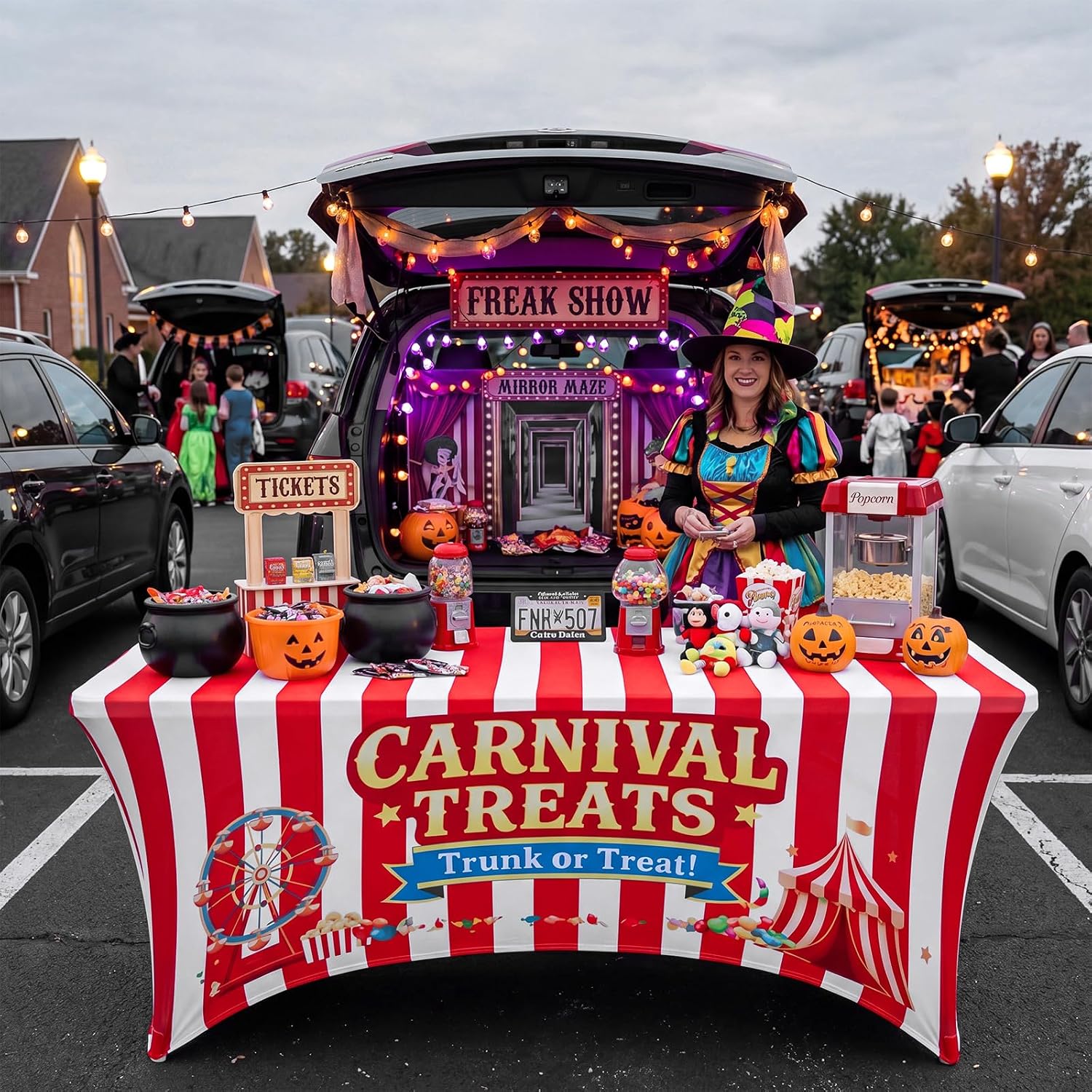 Oudain 6 ft Carnival Trunk or Treat Fitted Tablecloth, Red White Striped image 4