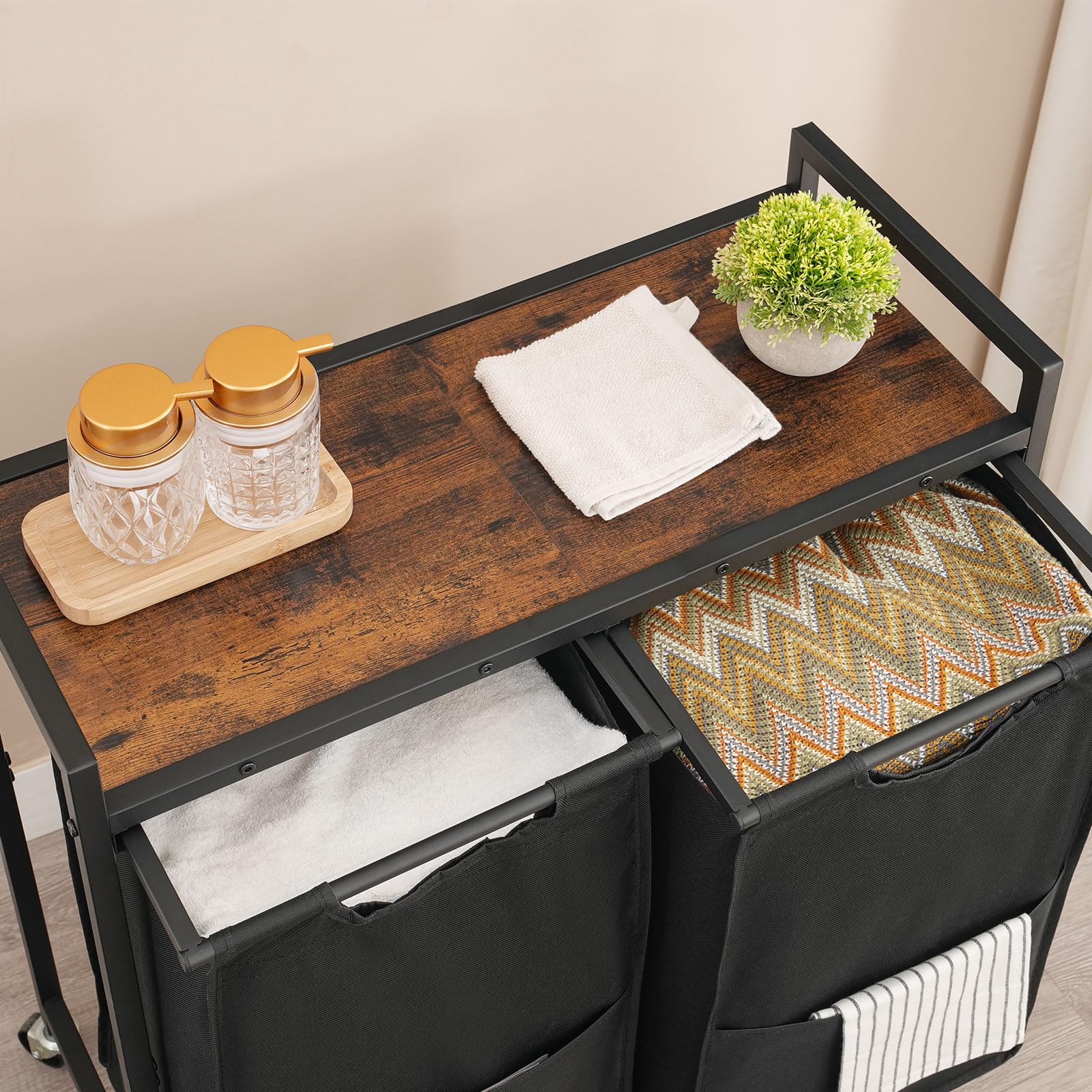 HOOBRO Cesto para Ropa Sucia, Cesta Colada con 2 Bolsas Extraíbles, Carro de Lavandería, 2 x 49,5 L, 70 x 30 x 77 cm, para Lavadero, Baño, Marrón Rústico y Negro EBF72XY01