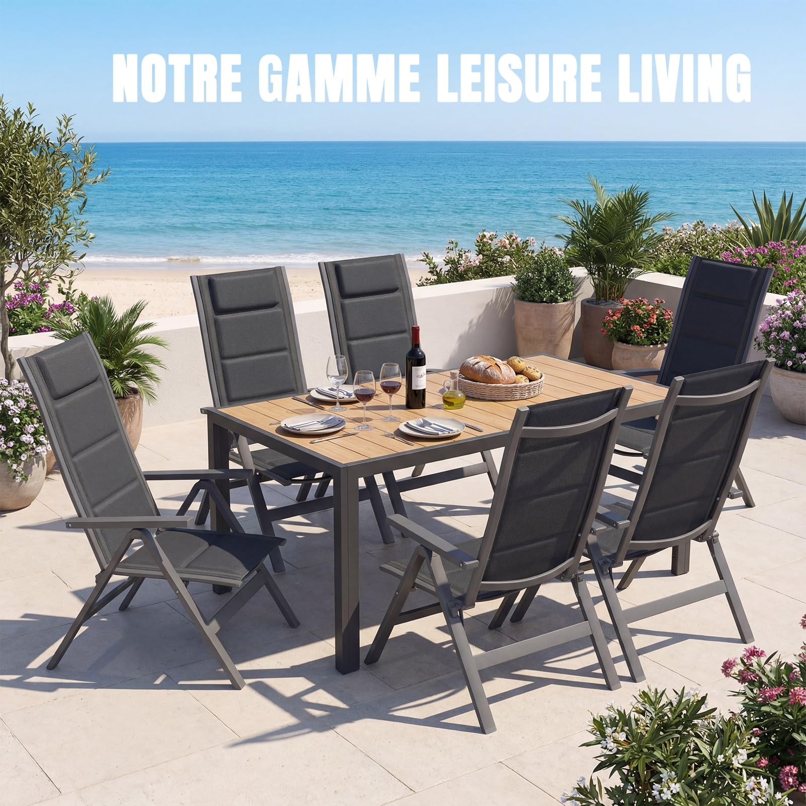 Devoko Salon de Jardin Exterieur 7 Pièces, Composé Table 150 cm en Aluminium et 6 Chaises Pliantes, Table de Jardin avec Finition à Veine de Bois et Chaises de Terrasse, Balcon, Naturel