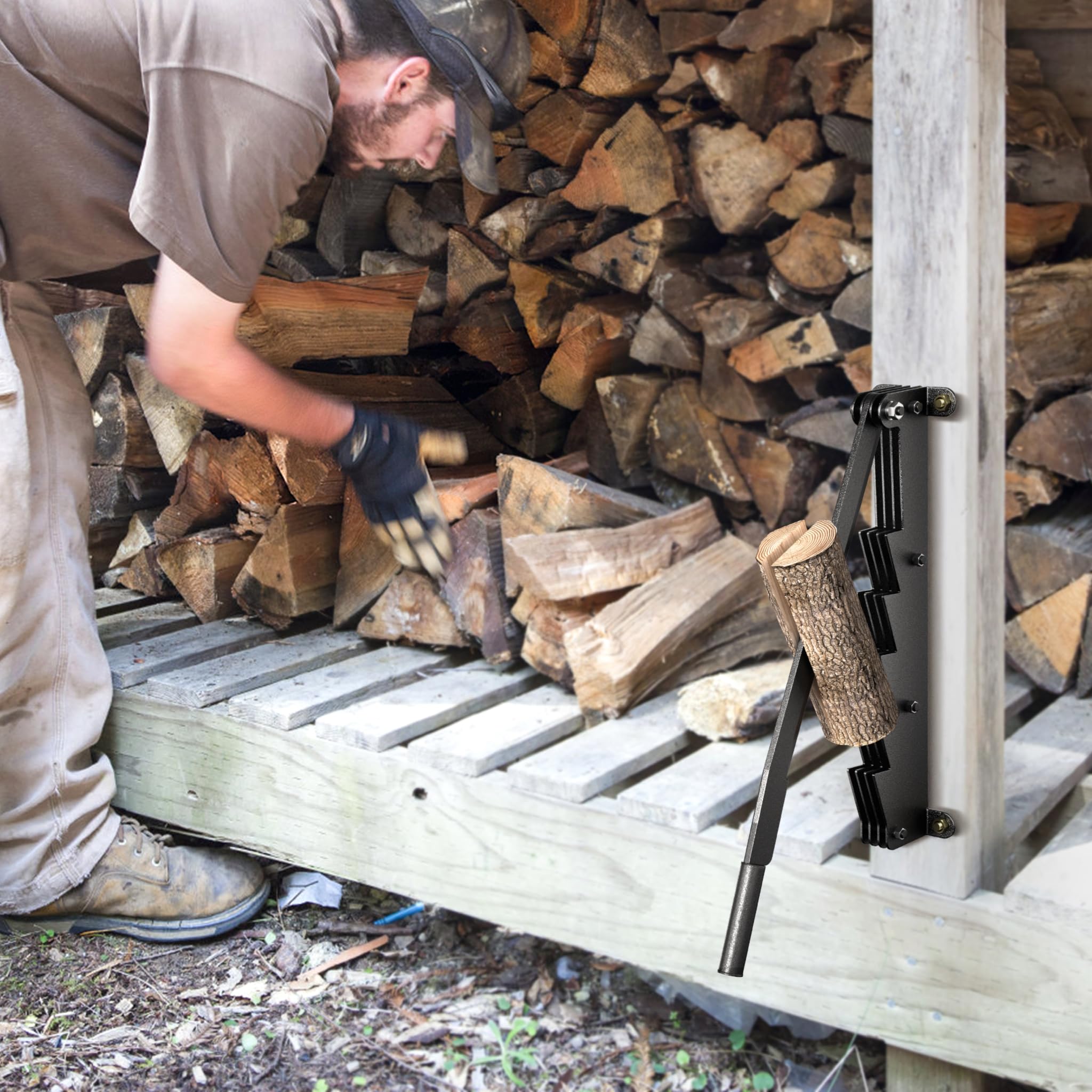UISEBRT Spaccalegna manuale in acciaio al carbonio, accendino per legno da parete, coltello a tagliola, spaccalegna con guanti antiscivolo e borsa per legna in feltro, per uso interno ed esterno