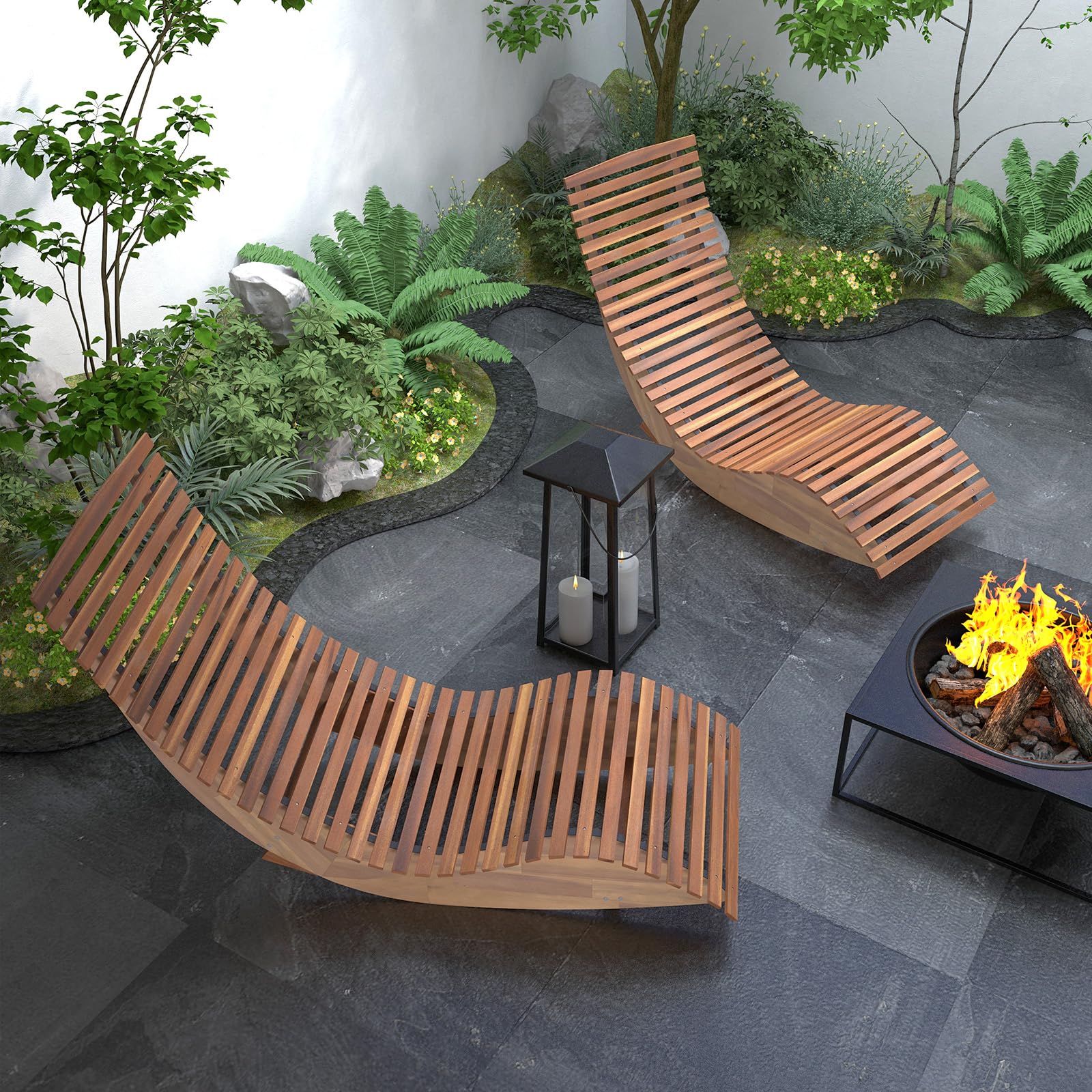 KOMFOTTEU Juego de Tumbona Mecedora de Madera de Acacia, Tumbona de Jardín de Listones con Carga 160 kg, Silla Mecedora Baño de Sol, para Patio, Terraza, Piscina, 157 x 60 x 76 cm (1)