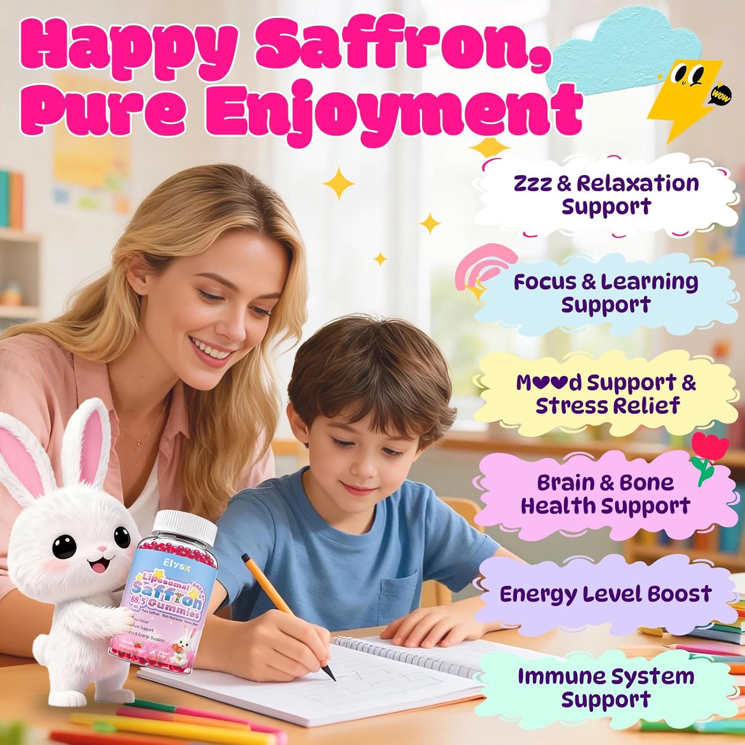 Liposomal Saffron Gummies for Kids and Adults, Pure Saffron Extract Supplements with Holy Basil, Rosemary, Magnesium Glycinate, L-Theanine, Stress Relief & Focus Support, Sugar Free, 60 Ct - Image 4