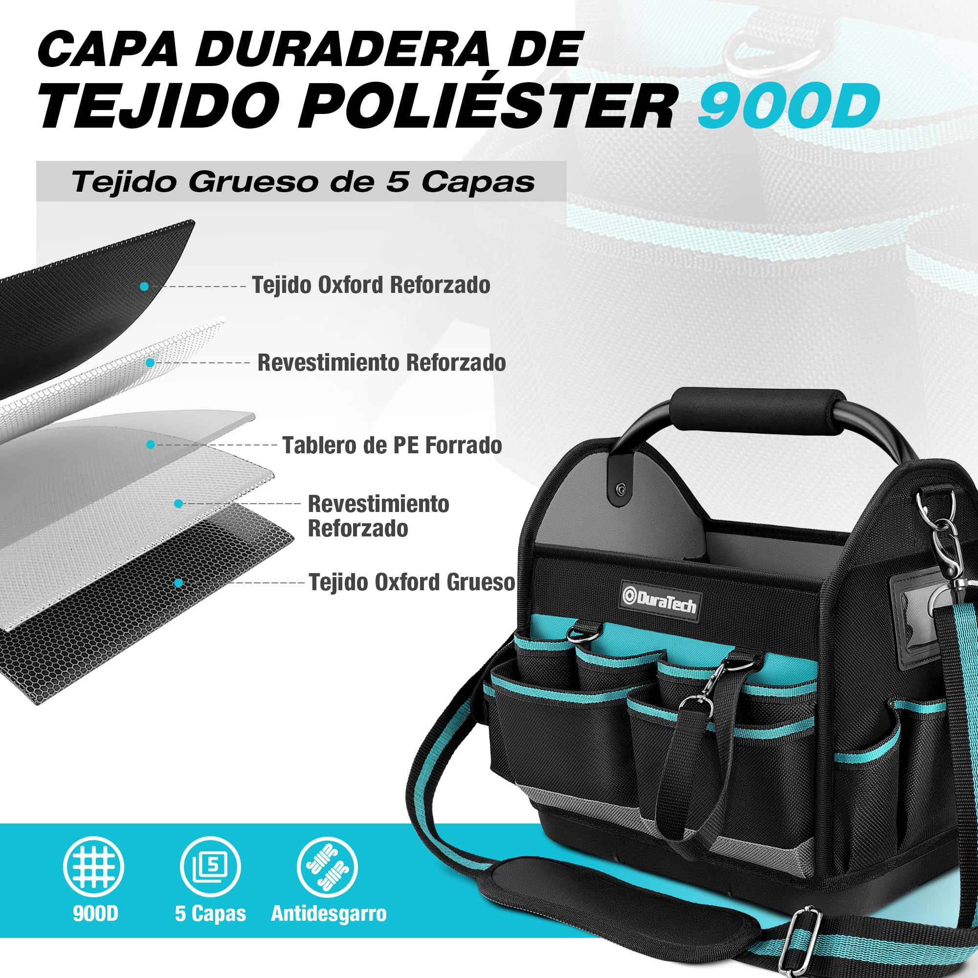 DURATECH Bolsa de Herramientas Duradera de 30,5 cm, Bolsa Portaherramientas con Base Imperable, Bolsa Rígida con Gran Apertura, Poliéster 900D, Asa de Transporte, Correa de Hombro Ajustable