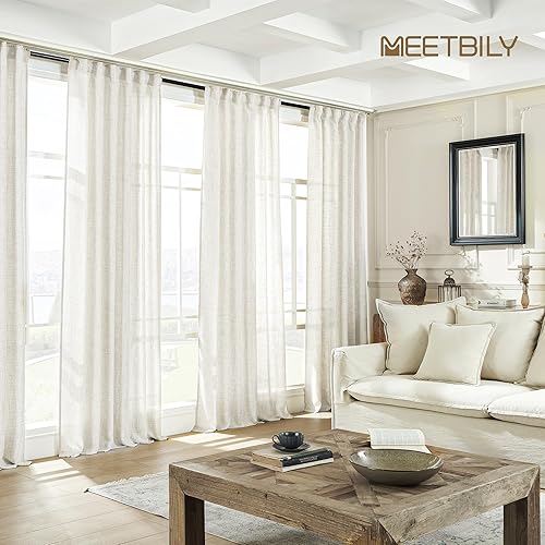 Miniatura 6 de MEETBILY Cortinas traslúcidas de lino natural de 102 pulgadas de largo para sala de estar, juego de 2 paneles con bolsillo con pestaña trasera,
