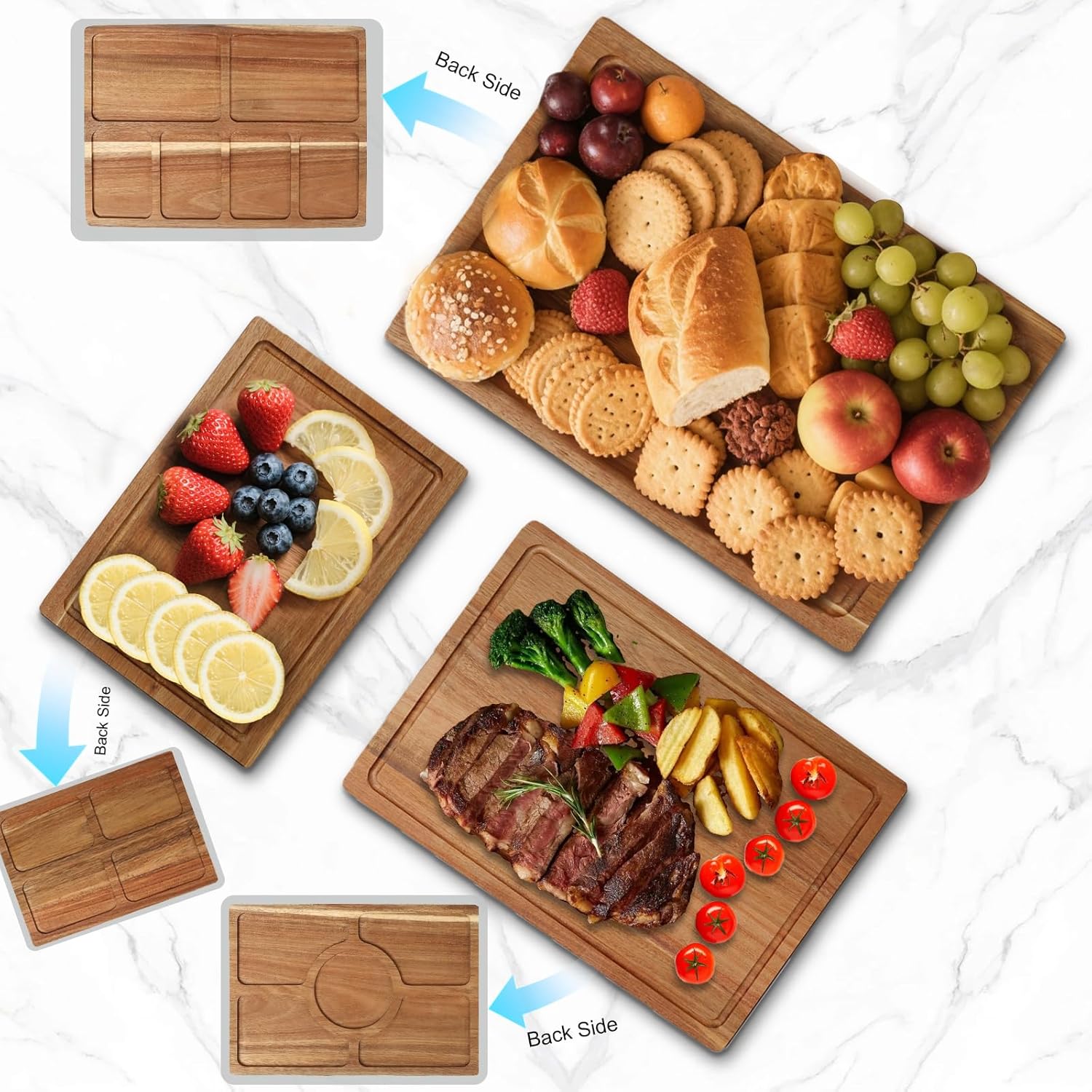 Acacia Wood Cutting Boards for Kitchen Set of 3, Chopping Board with Holder, with Deep Juice Groove Grip Handles, Charcuterie Boards, for Meat, Vegetables and Fruits and Cheese (Set A of 3) - Image 8