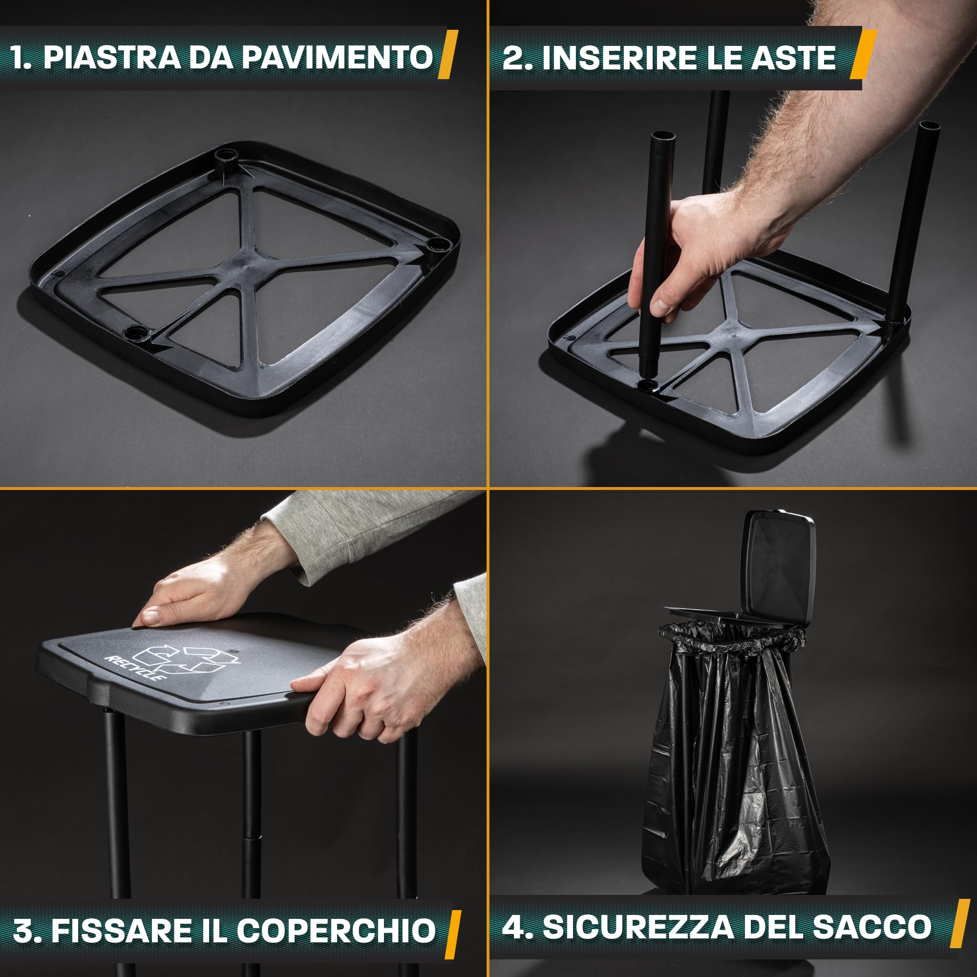 Hinrichs Supporto per sacco della spazzatura 120L - Supporto per sacco della spazzatura regolabile in altezza con coperchio per sacchi della spazzatura da 120L - Incl. 2 sacchetti per spazzatura 120L