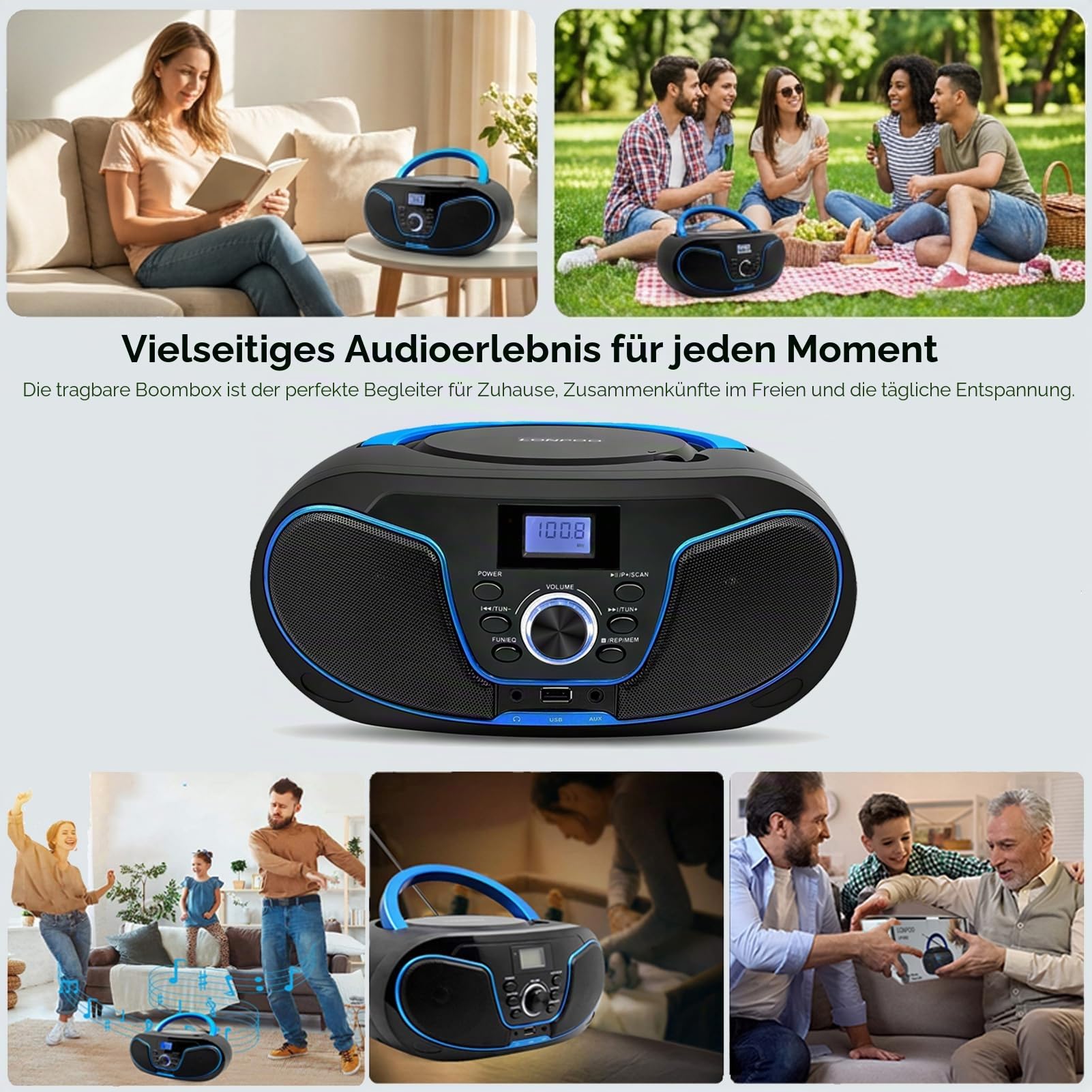 Tragbar CD Player Boombox Bluetooth - mit UKW Radio, USB Eingang & AUX & Kopfhörern Ports, Stereoanlage Music System (LP-D02)