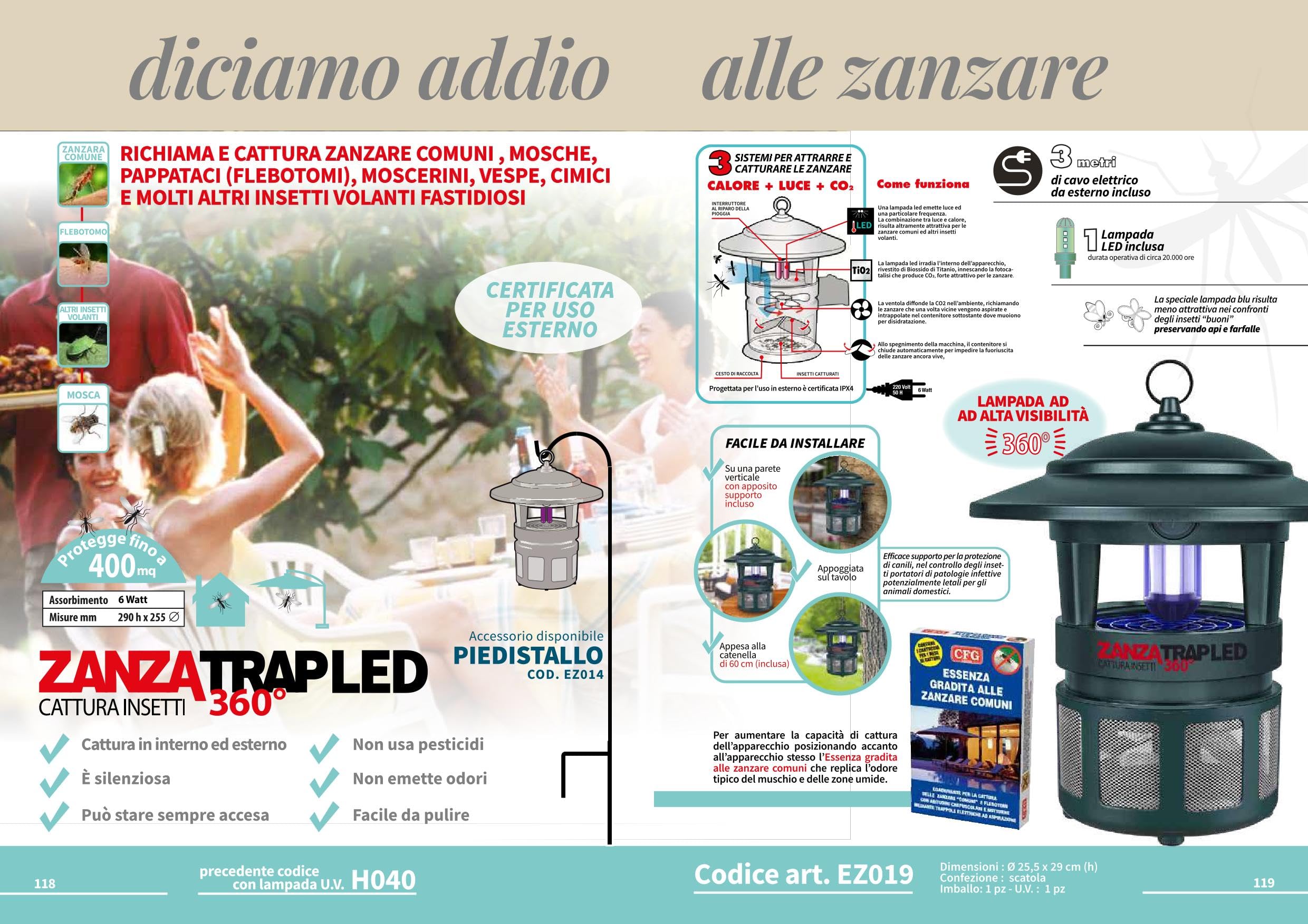 Zanzatrap360° CFGEZ019 Trappola Zanzare Elettrica UV 15W con CO2 e Fotocatalisi, Copertura 400 mq, Lampada UV 8000h, Uso Interno Esterno, Insetticida Senza Pesticidi