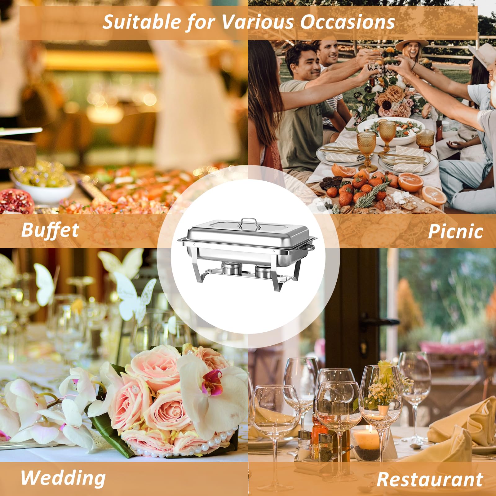 9L Acciaio Inox Rettangolari Catering Server, 2 Pezzi Set Buffet Scaldavivande, Buffet Server Piatti di Servizio, Chafing Dish Catering Buffet Set, per Party, Feste, Matrimoni, Banchetti, Argento