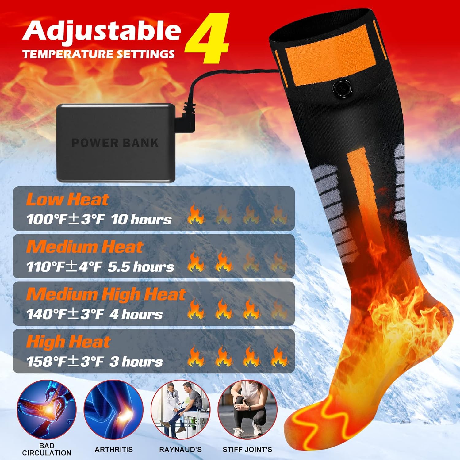 Heated Socks for Men Women Rechargeable Battery Operated Electric Heated Socks with 3 Heat Settings Foot Warmer Thermal Socks with Washing Bag for Hunting Camping Skiing Winter Sports Outdoors : Sports & Outdoors
