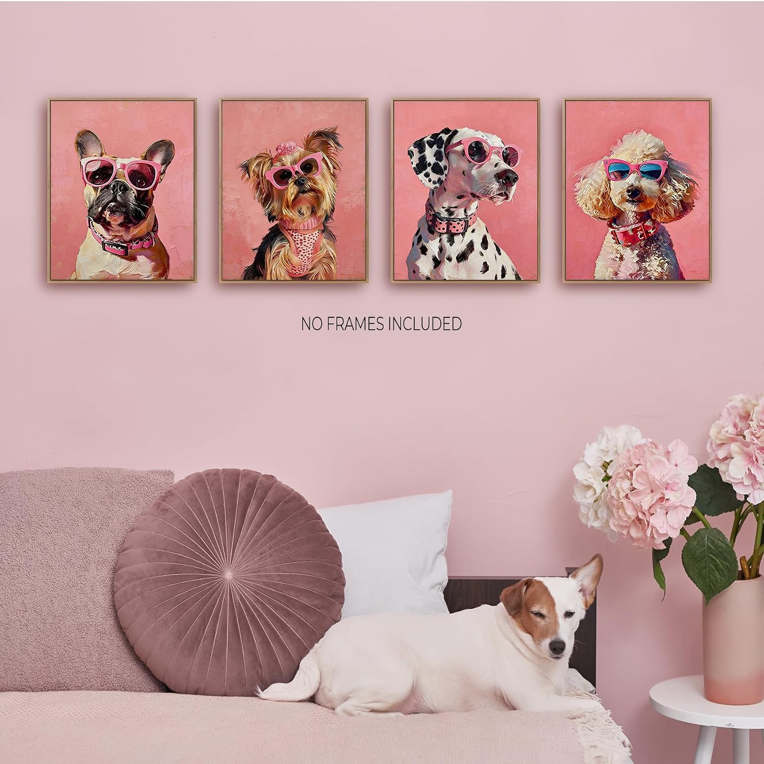 Foritho Trendy Fashion Dog Wall Art Prints 8x10 Set of 4 Unframed | Trendy Girly Pink Sunglasses Dog Wall Decor Pictures Posters for Girls Bedroom Room Dorm, Funny Puppy Dog Wall Decor
