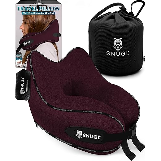 SNUGL Travel Pillow - Memory Foam Neck Cushion - Flight Pillow | Support Neck Pillow for Travel | Travel Neck Pillow for Airplane with Carry Bag & Clip | Flying Travel Essentials (Grey - Regular)