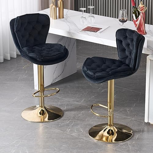 Orirsnug Modern Velvet Swivel Bar Stools, Adjustable Height Barstools Counter Height with Gold Base and Backrest, Upholstered Island Stools Chairs for Kitchen, Dining Room, Pub (Set of 2 Black)