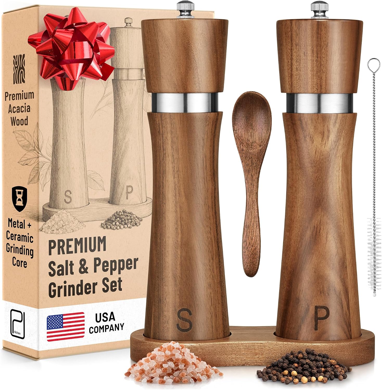 Salt and Pepper Acacia Wood Grinder Set with Wooden Holder Tray - 60 g / 2 oz each - Tall Modern Mill Shakers - Manual Refillable Mills for Peppercorn, Fancy Himalayan Salt + Spices - by PJC-Kitchen