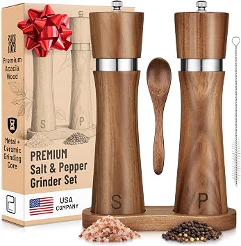 Salt and Pepper Acacia Wood Grinder Set with Wooden Holder Tray - 60 g / 2 oz each - Tall Modern Mill Shakers - Manual Refillable Mills for Peppercorn, Fancy Himalayan Salt + Spices - by PJC-Kitchen