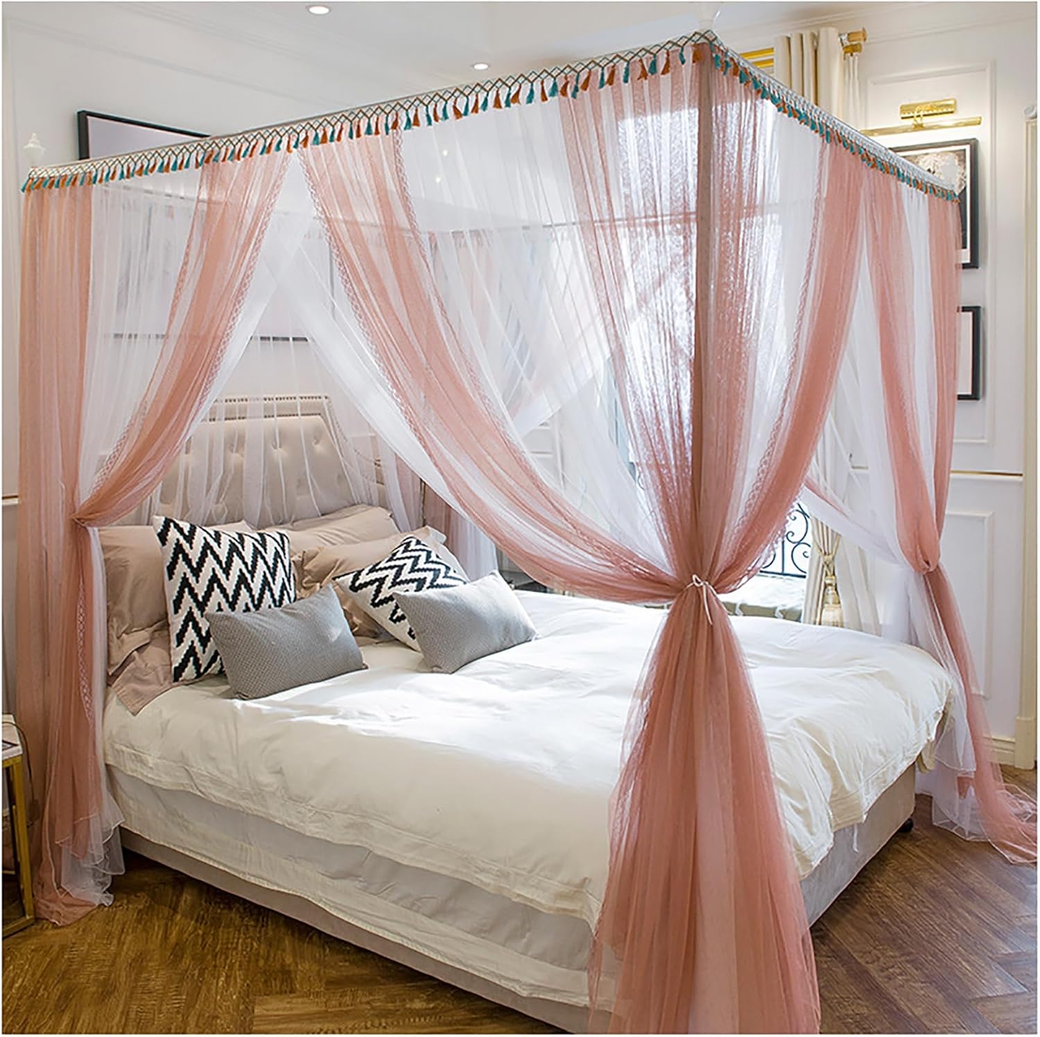 Princess Bed Netting Canopy Stainless Steel Canopy Bed Frame Curtains Cozy Drape Mosquito Net Bed Frame Curtain Brackets for Bedroom,King
