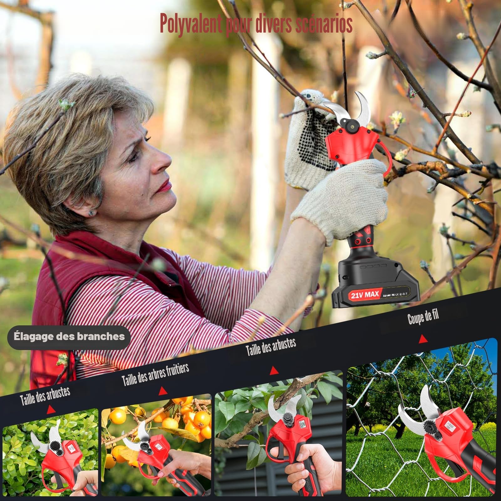 XIAZIR Sécateur électrique sans fil de 35 mm avec moteur brushless, sécateur de jardin avec écran LCD, 2 batteries 21 V 2000 mAh et lame en acier SK5, puissant coupe-branches pour arbres, jardin