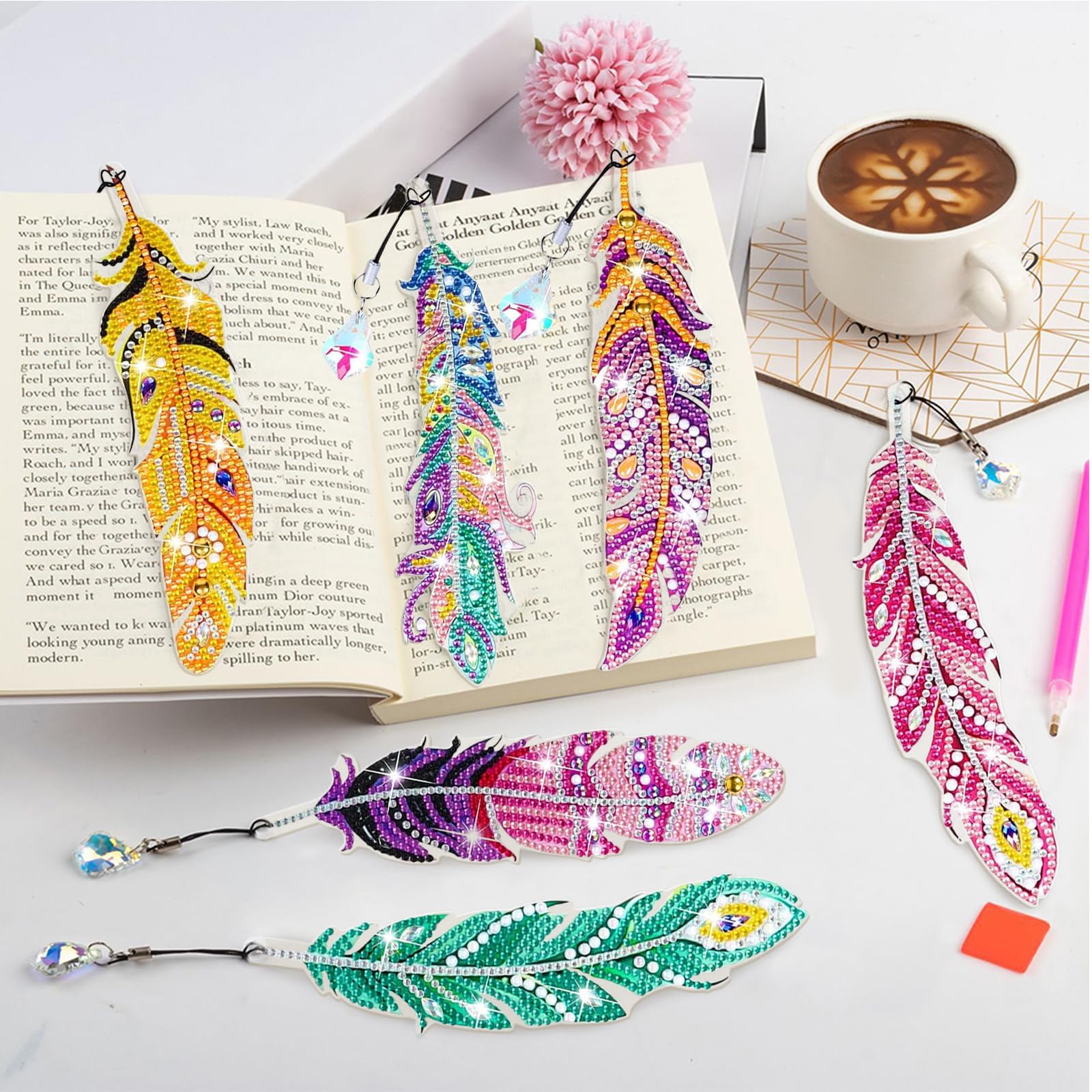 6Pcs Diamond Painting Bookmarks DIY Kit Diamond Art Feather Bookmarks for Women Crystal Creations Arts and Crafts Kits for Kids Adults - Image 4
