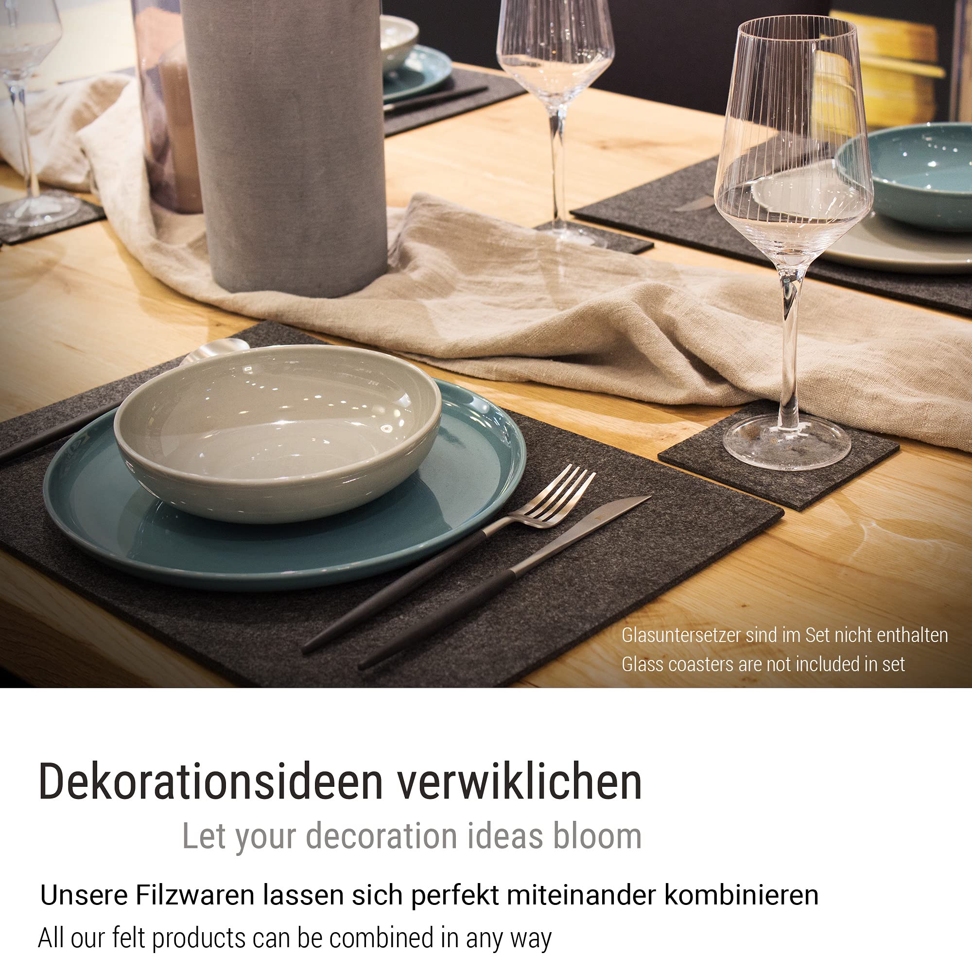 Casoro 6er Platzset aus waschbarem Filz, Platzmatten je 30x44cm in anthrazit, edles Tischset perfekt zu jeder Einrichtung (Packung mit 2)