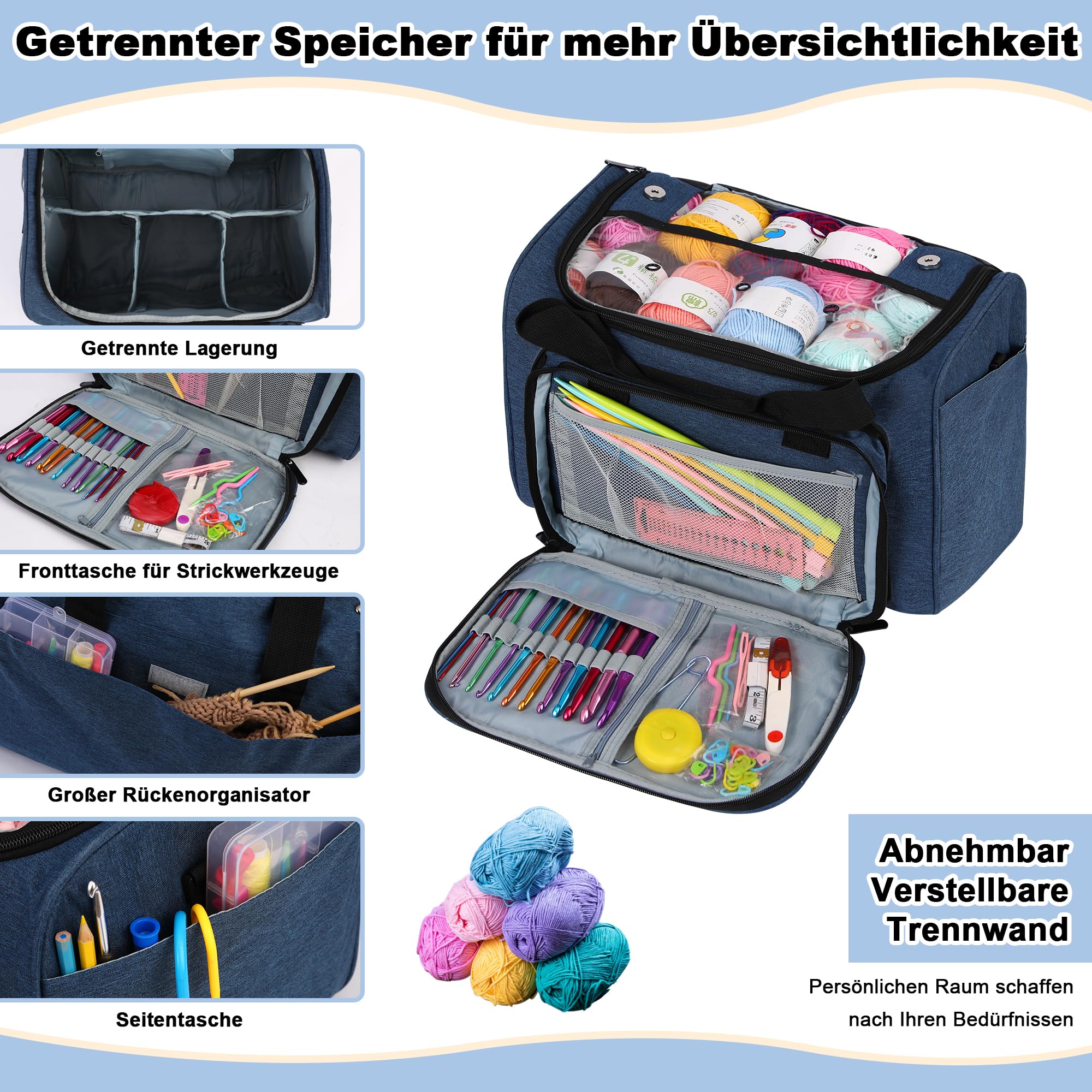 JOZEA Garn Stricken Lagerung Tote-große Kapazität häkeln Veranstalter tragbare Reisetasche mit Schultergurt häkeln Haken Fall für unfertige Bulk-Projekt（Blue