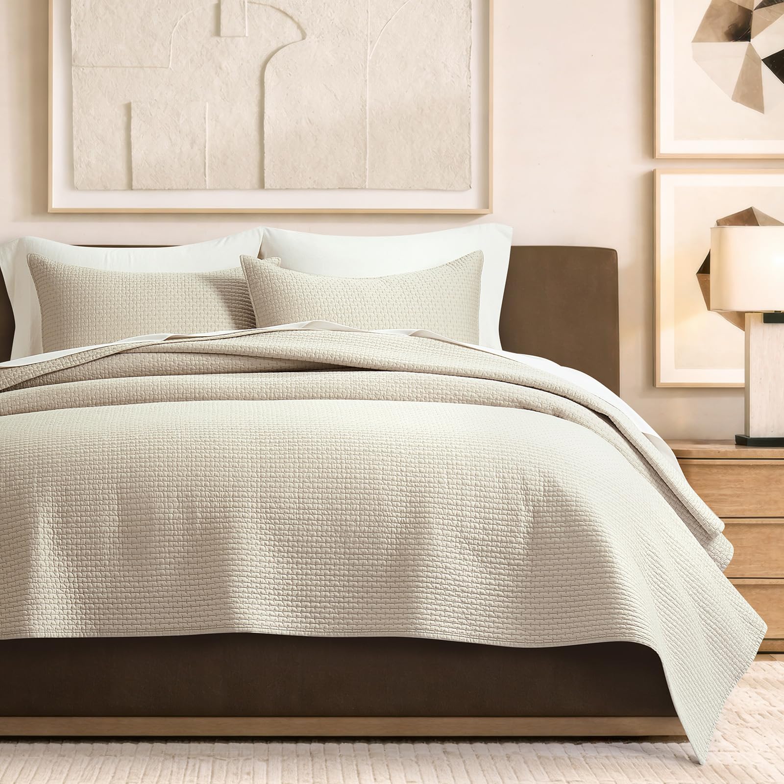 Photo 1 of EVERGRACE Cotton Sateen Pick-Stitch Quilt Set Queen Size – 100% Cotton Lightweight Coverlet Bedding, Pre-Washed Oversized Bedspread, Breathable All-Season Quilt Set with 2 Shams, Parchment