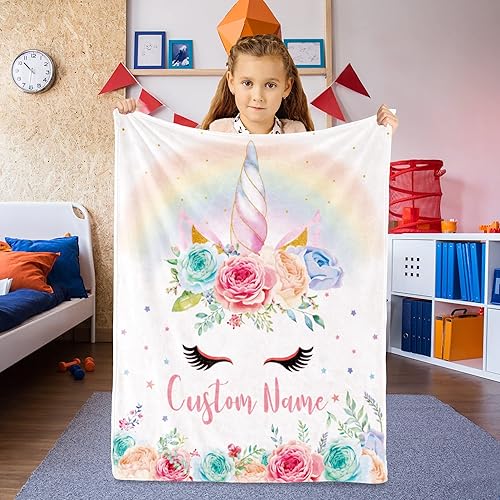 Vista 156 de Manta personalizada de unicornio con nombre para niña, niños personalizados, franela suave rosa, regalo personalizado para cumpleaños, Navidad, baby