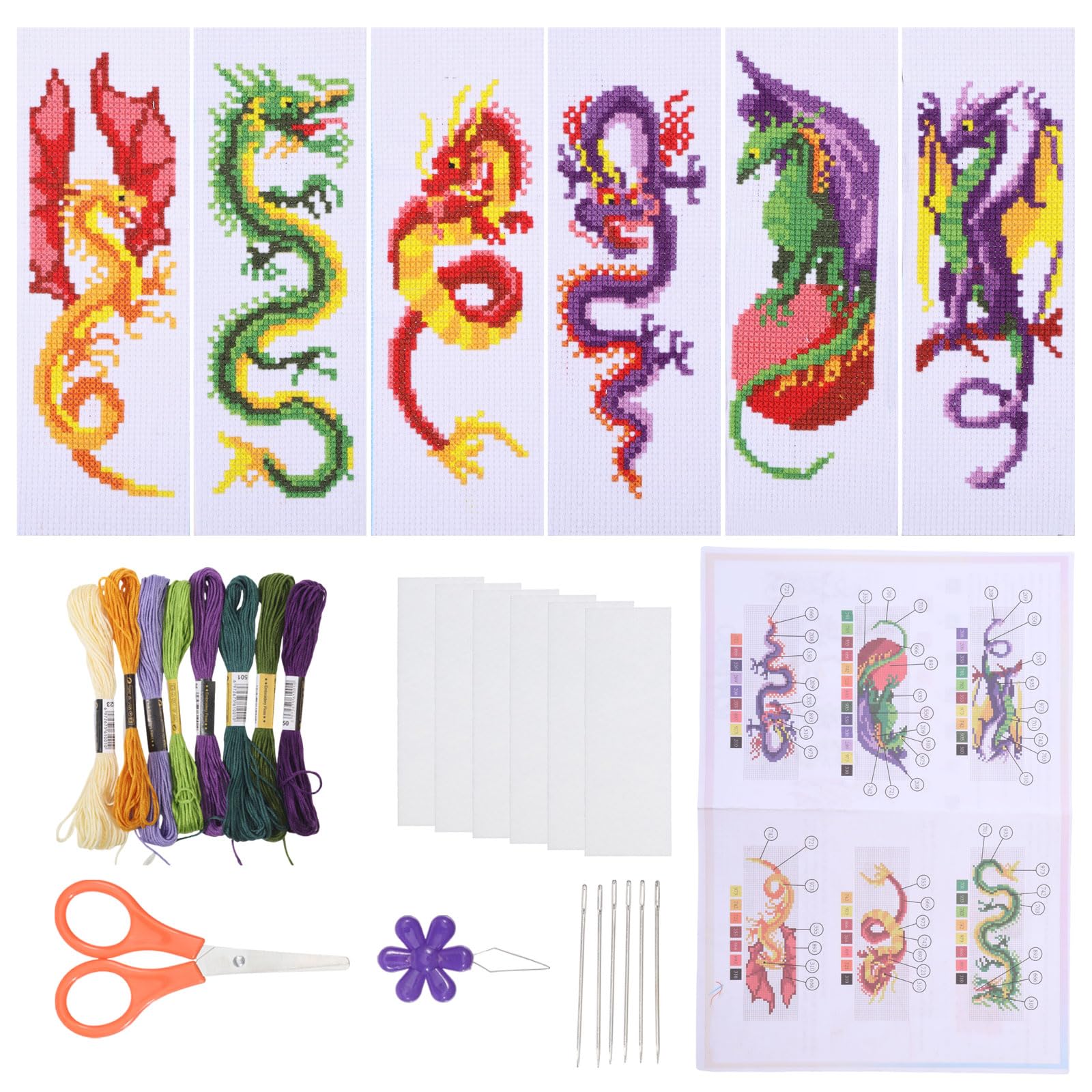 ORIGACH 6 Pcs Cross Stitch Bookmark Kit for Beginner Dragon Pattern Stamped Embroidery Stitch Kits for Starter DIY Bookmarks Printed Cross Stitch Kits with 13 Colors Embroidery Floss 20x6cm