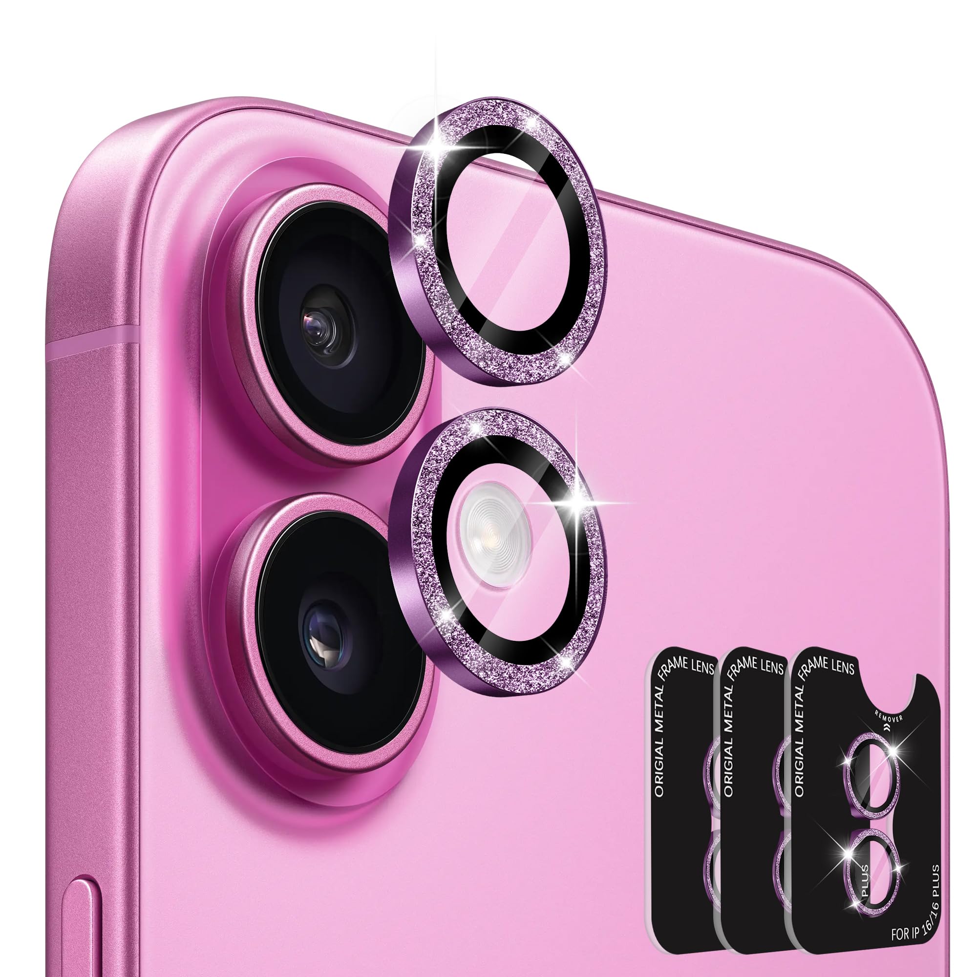 Orzero 9H Glass Camera Lens Protector for iPhone 16/16 Plus-Pink, 3 Set