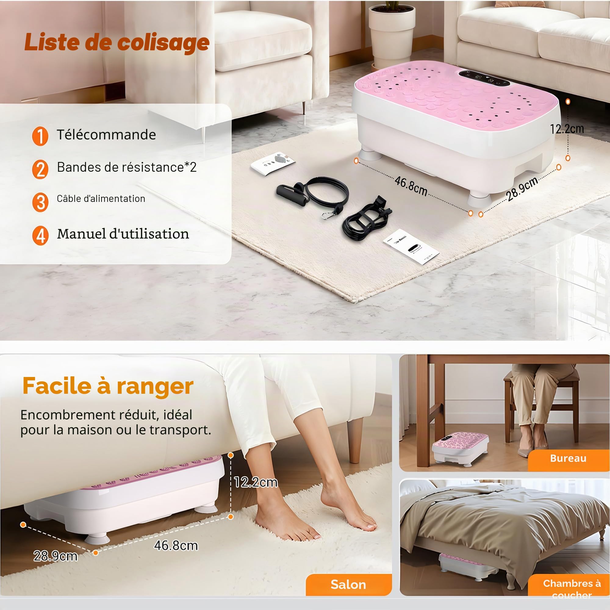 Plateforme vibrante pour perdre du poids à la maison - Appareil de vibration avec 3 modes de fitness - Plaque vibrante silencieuse avec 2 bandes de résistance et indicateur LED - Charge maximale : 150