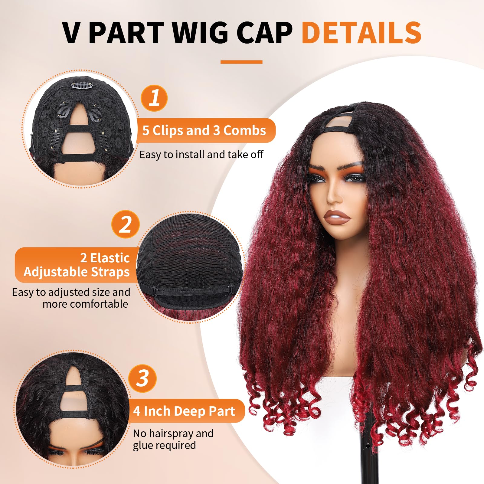 Yacurcur Afro Wig V Part Kinky Curly Wigs for Black Women 180% Density Wear and Go Glueless Wig with Unique Bouncy Curls in the End Synthetic No Leave out Clip in 24 Inch(#DR2-9T2) - Image 3