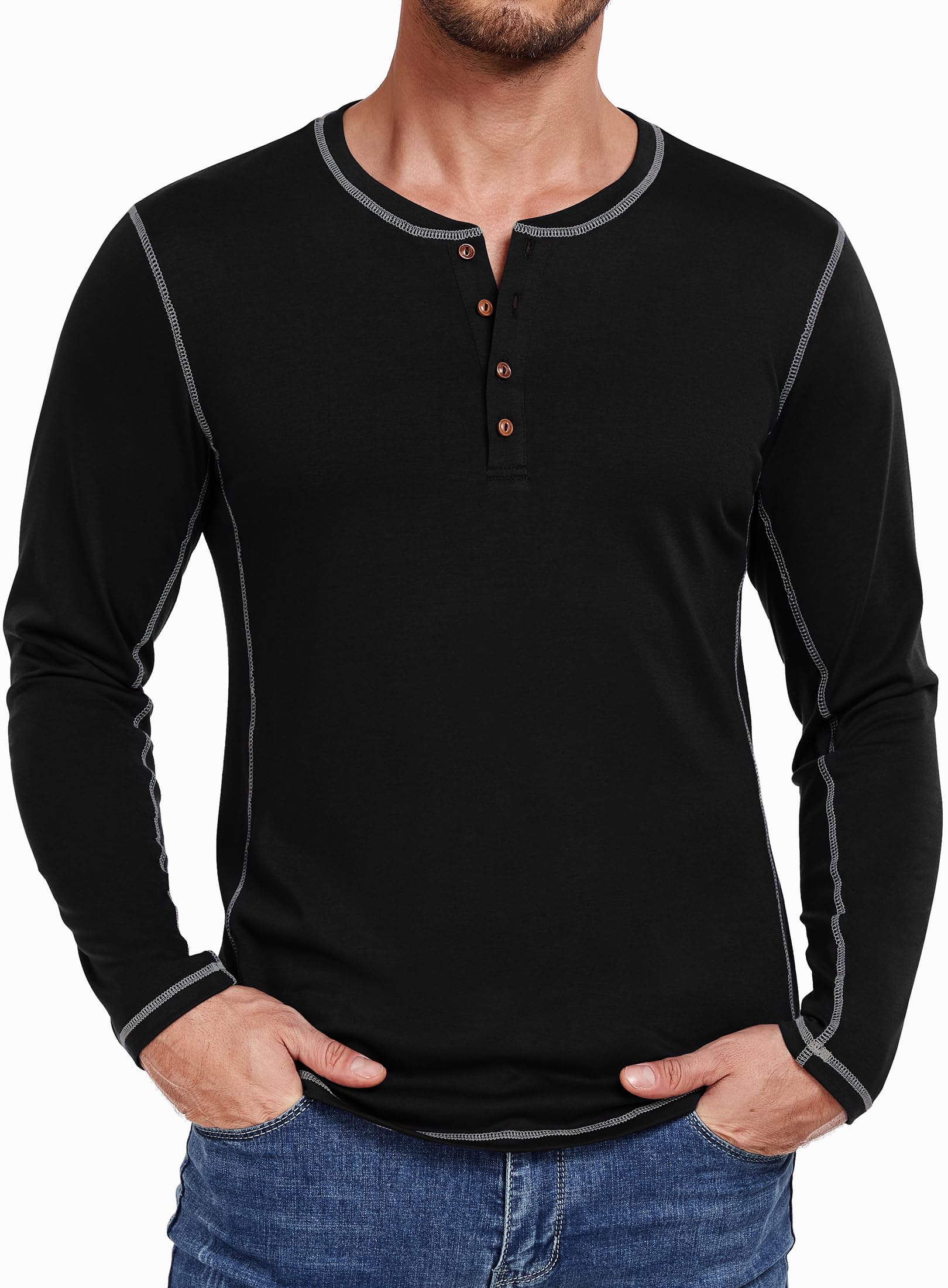 PEGENO Mens Fashion Henley Long Sleeve T-Shirt Casual Shirt Contrast Stitching Tees Tops