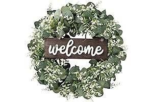 Greenery Farmhouse Wreath 16-Inch Welcome Sign, Realistic Eucalyptus Artificial Wreath for Home Party Wedding Decoration