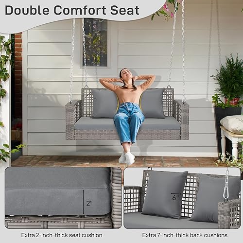 Miniatura 5 de Outvita Columpio para porche, columpio colgante de 4 pies para exteriores, columpio de mimbre para patio para 2 personas, con cojín, almohada y