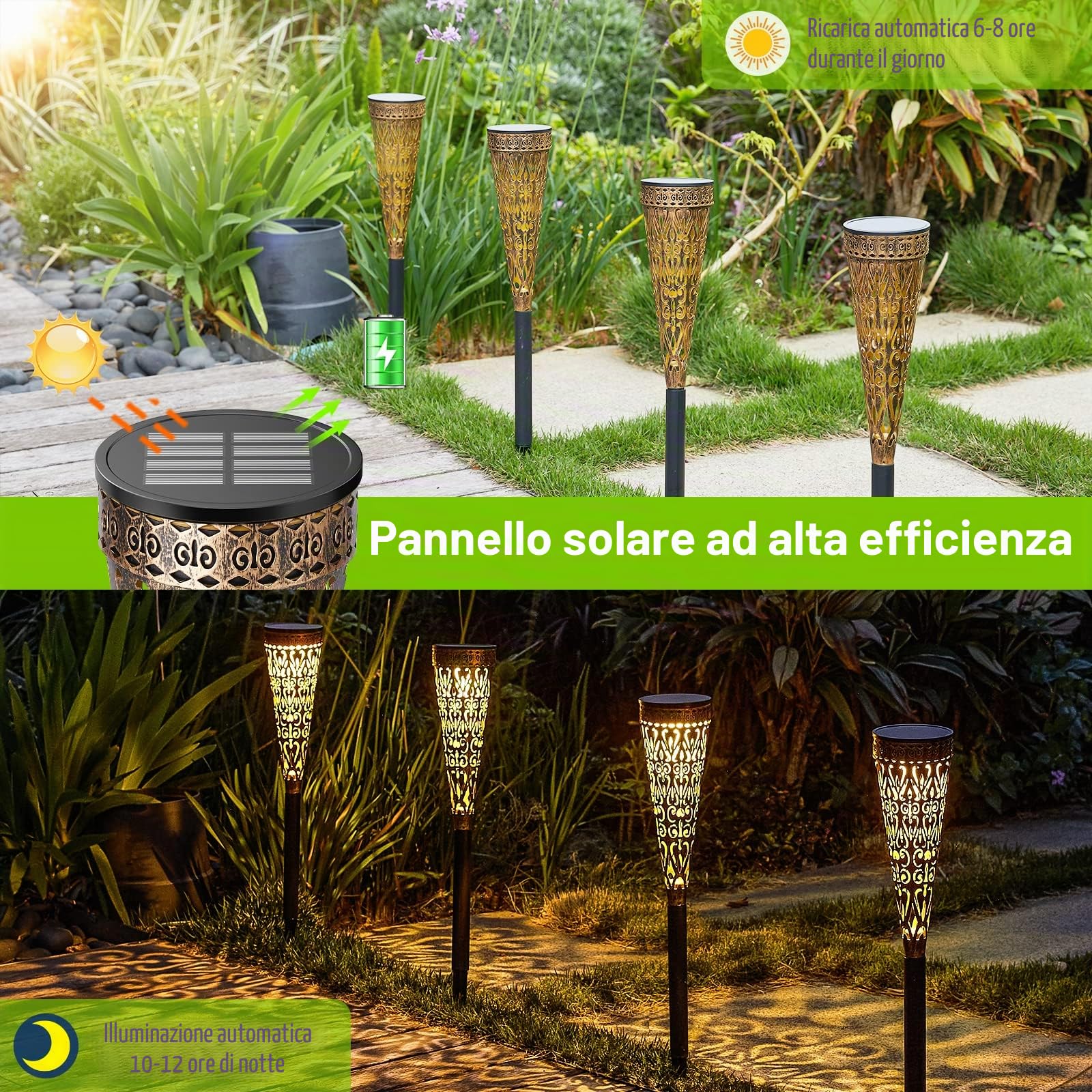 GEARLTIE - Lampade solari per esterni, 4 pezzi, 800 mAh, luci solari per esterni, con LED caldo/bianco, IP65, resistente alle intemperie, balcone, decorazione da giardino, in metallo, lanterne solari