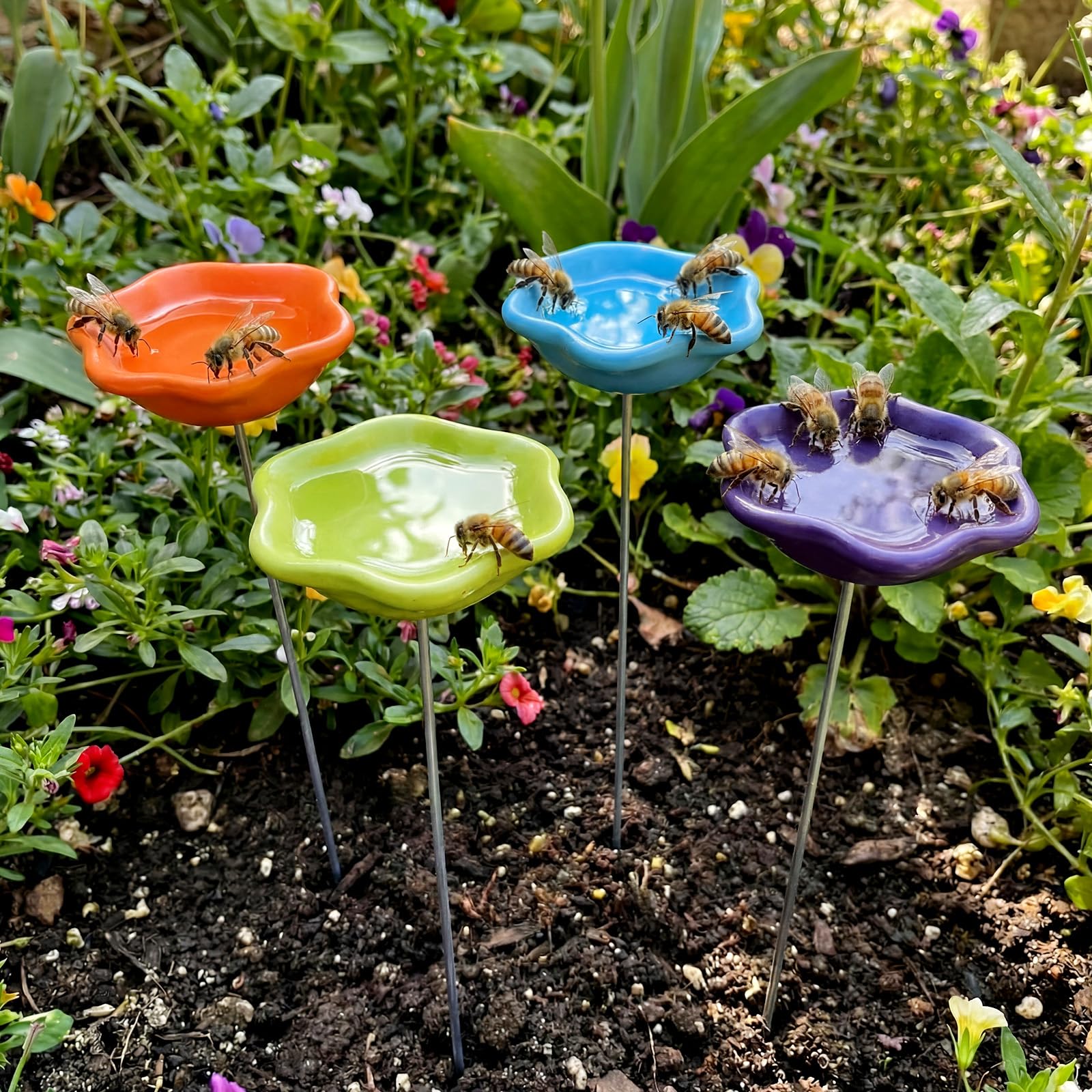 4 Pack Resin Flower Water Stations Cups Garden Stakes, Rainbow, Classic