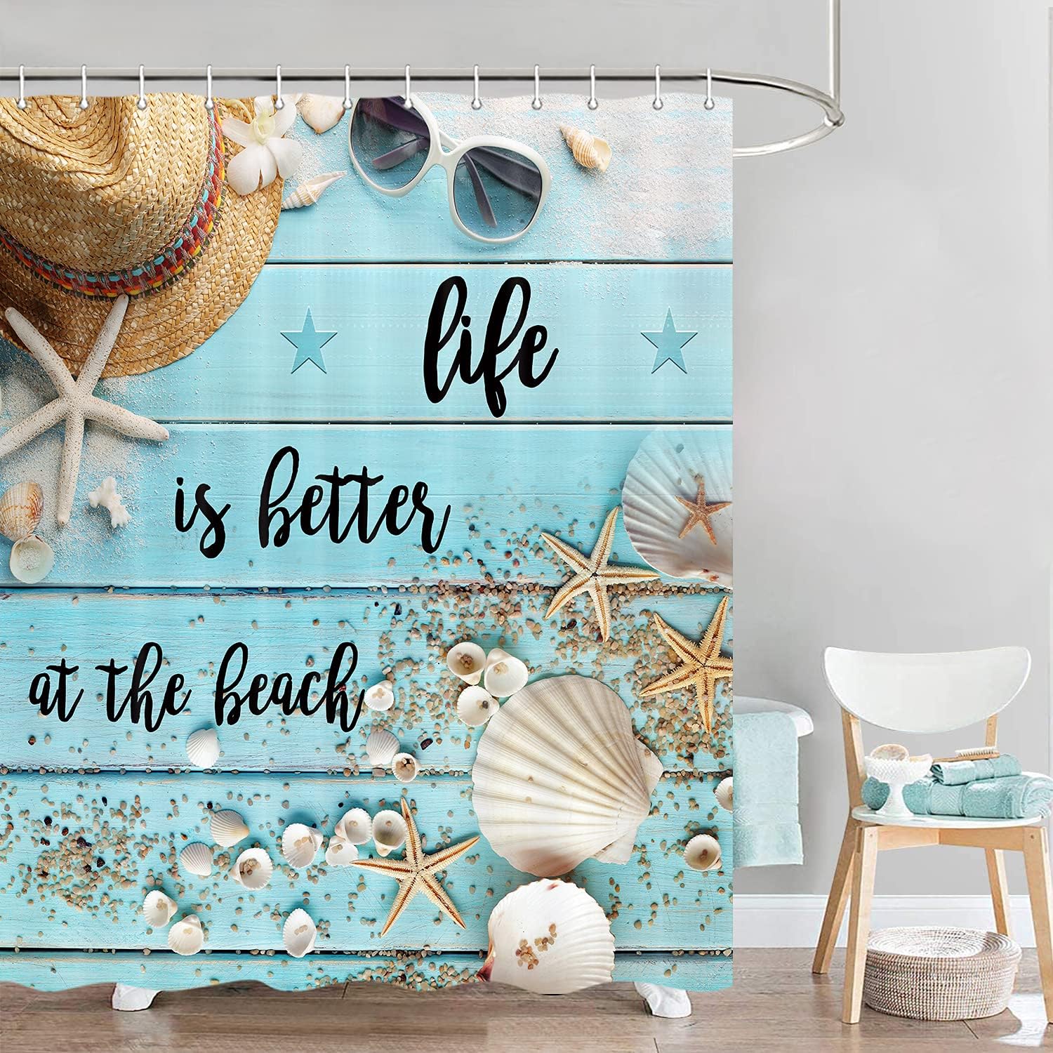 Rustic Beach Shower Curtain, Life is Better Blue Teal Seashell Starfish Coastal Inspiration Quote Lettering Travel Words Relax Summer Hawaii Country Farmhouse Fabric Bathroom Curtain, 69x70inches