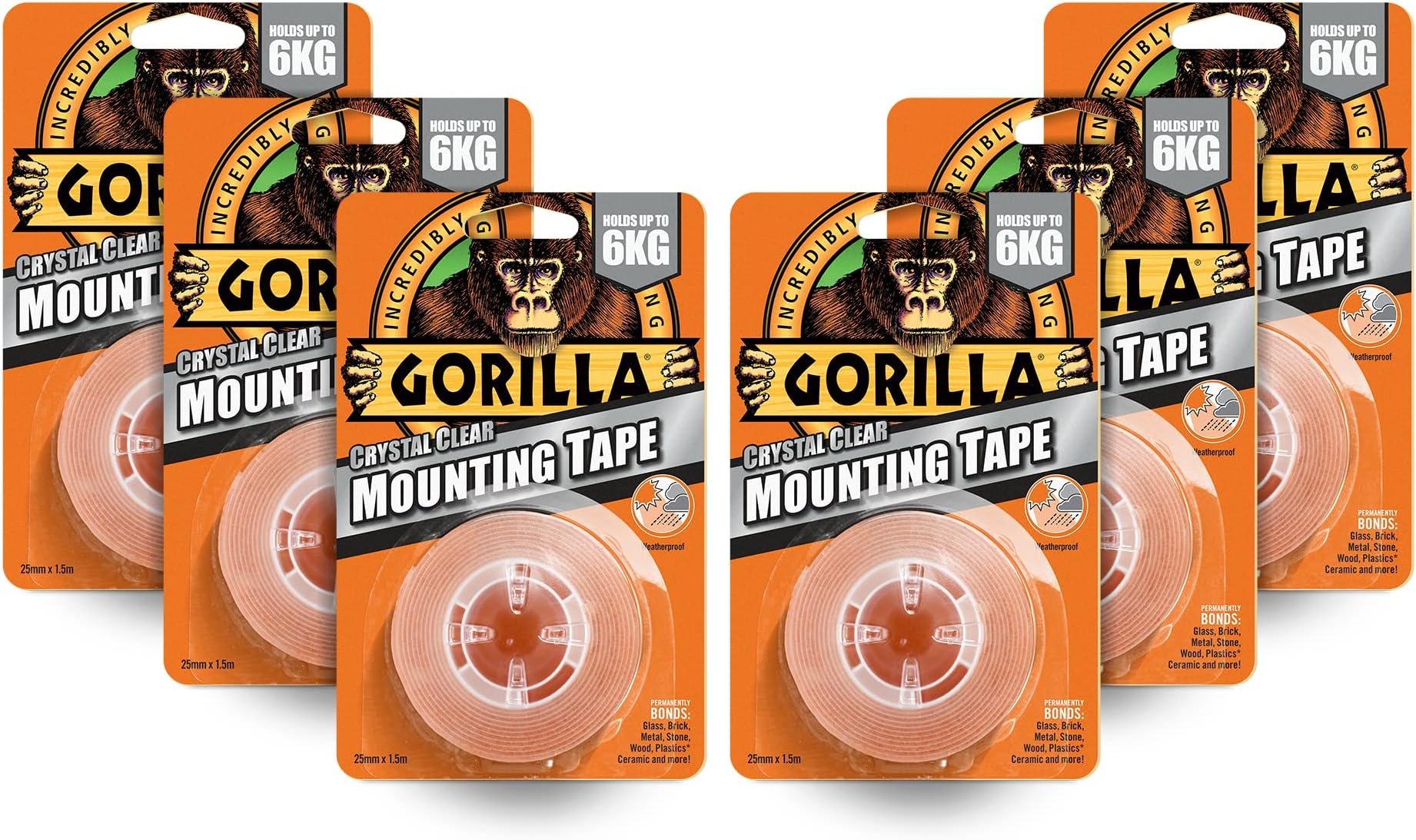 Double Sided Mounting Tape Crystal Clear, 1.5m x 25mm – Holds 6KG Per Roll | For Repairs, Crafts & Mounting Objects | Permanently Grips to Rough & Smooth Surfaces | For Indoor & Outdoor,6 Pack