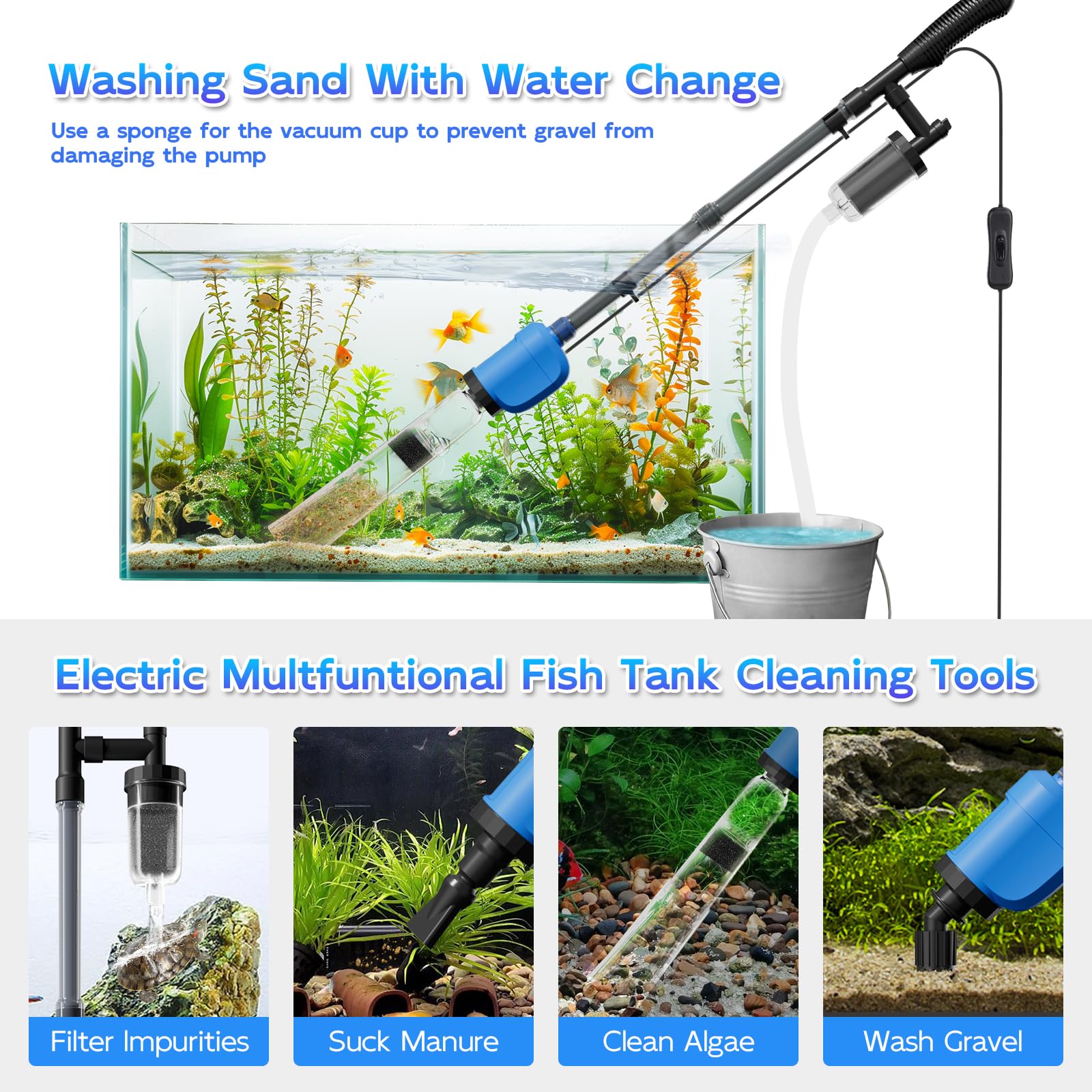 Nettoyeur de gravier électrique 6 en 1 pour aquarium, aspirateur d'aquarium de 530 GPH avec tasse de lavage de sable étendue améliorée, changeur d'eau, extracteur de débris et pompe de circulation