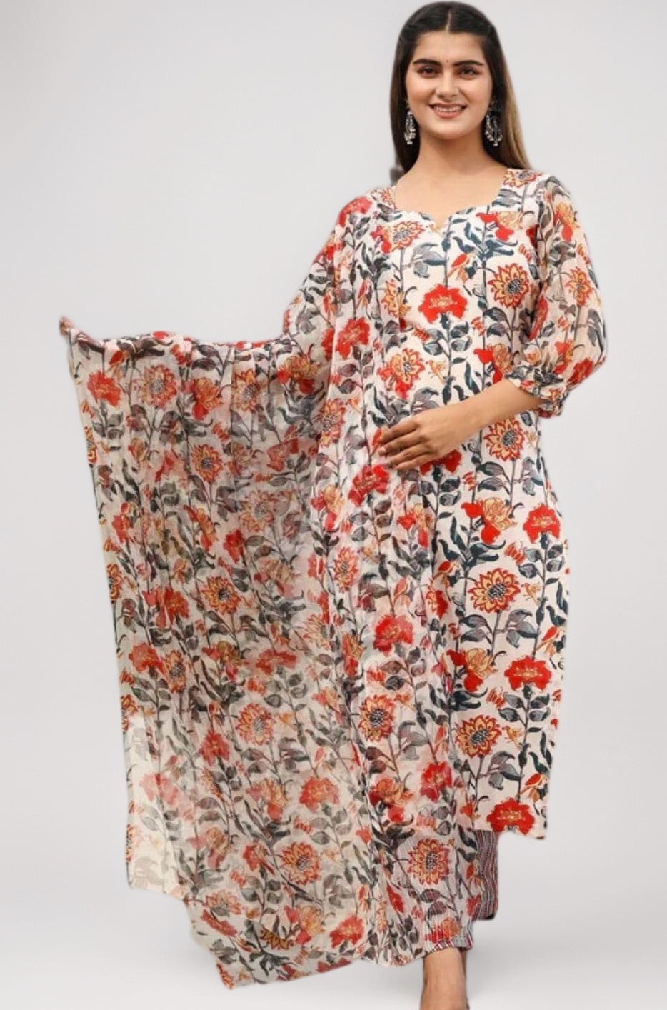 GRECIILOOKS Women's Cotton Blend Kurta Set with Dupatta | Kurti Set for Women | Festive Kurta Set for Women | Regular Fit Kurta