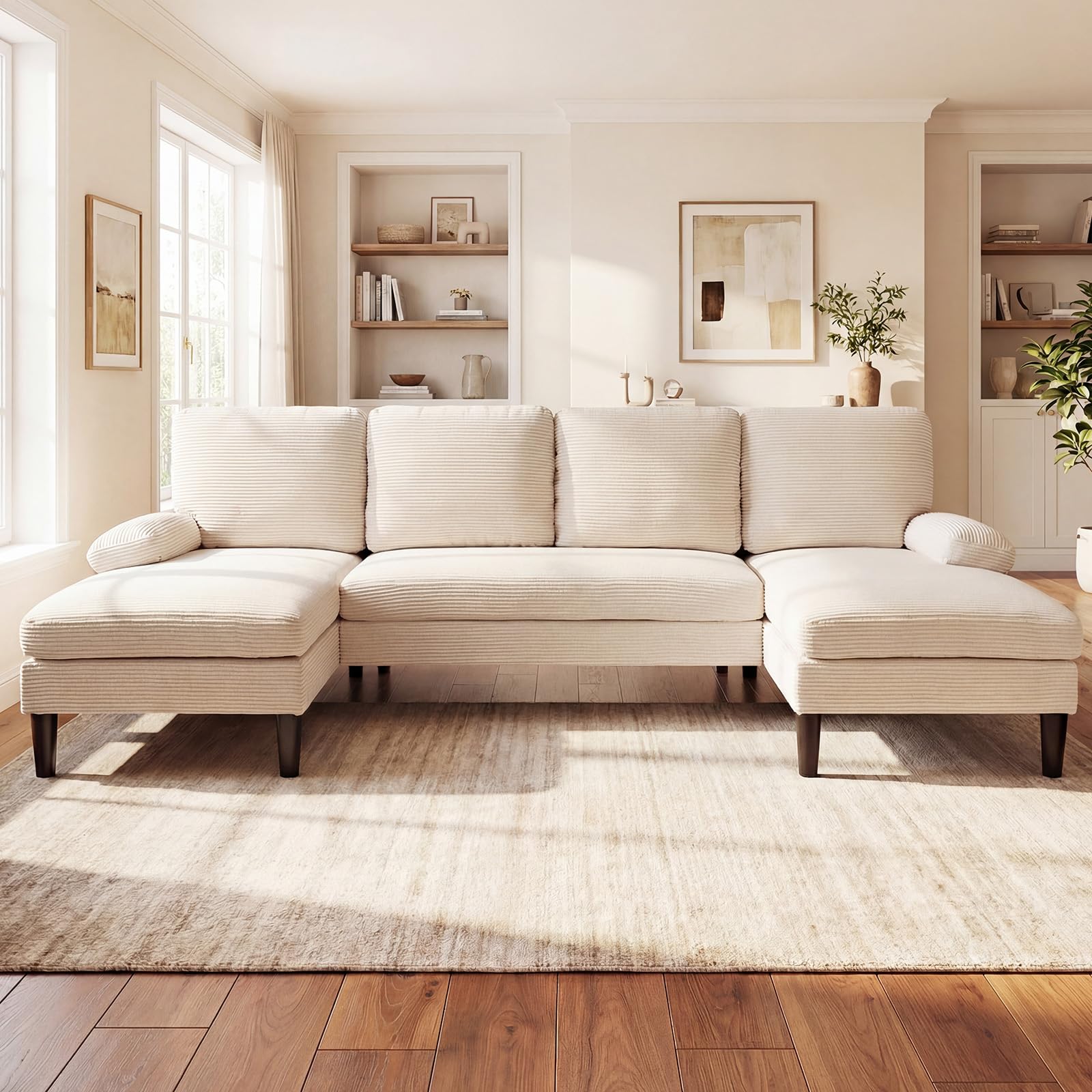 COSTWAY Sofa narożna z funkcją spania, sofa w kształcie litery U dla 5-6-osobowa, z materiału sztruksowego, sofa do spania z podłokietnikami, zestaw wypoczynkowy, nowoczesna sofa do spania do salonu