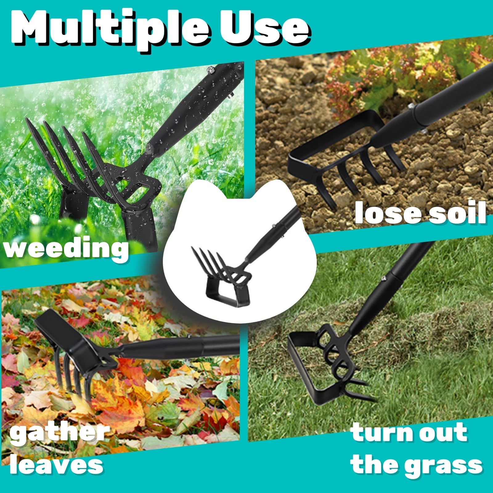Zappa da giardino con manico regolabile per diserbo, scavatore, allentamento del terreno, zappa da giardino in metallo con rastrello coltivatore (76-150 cm)